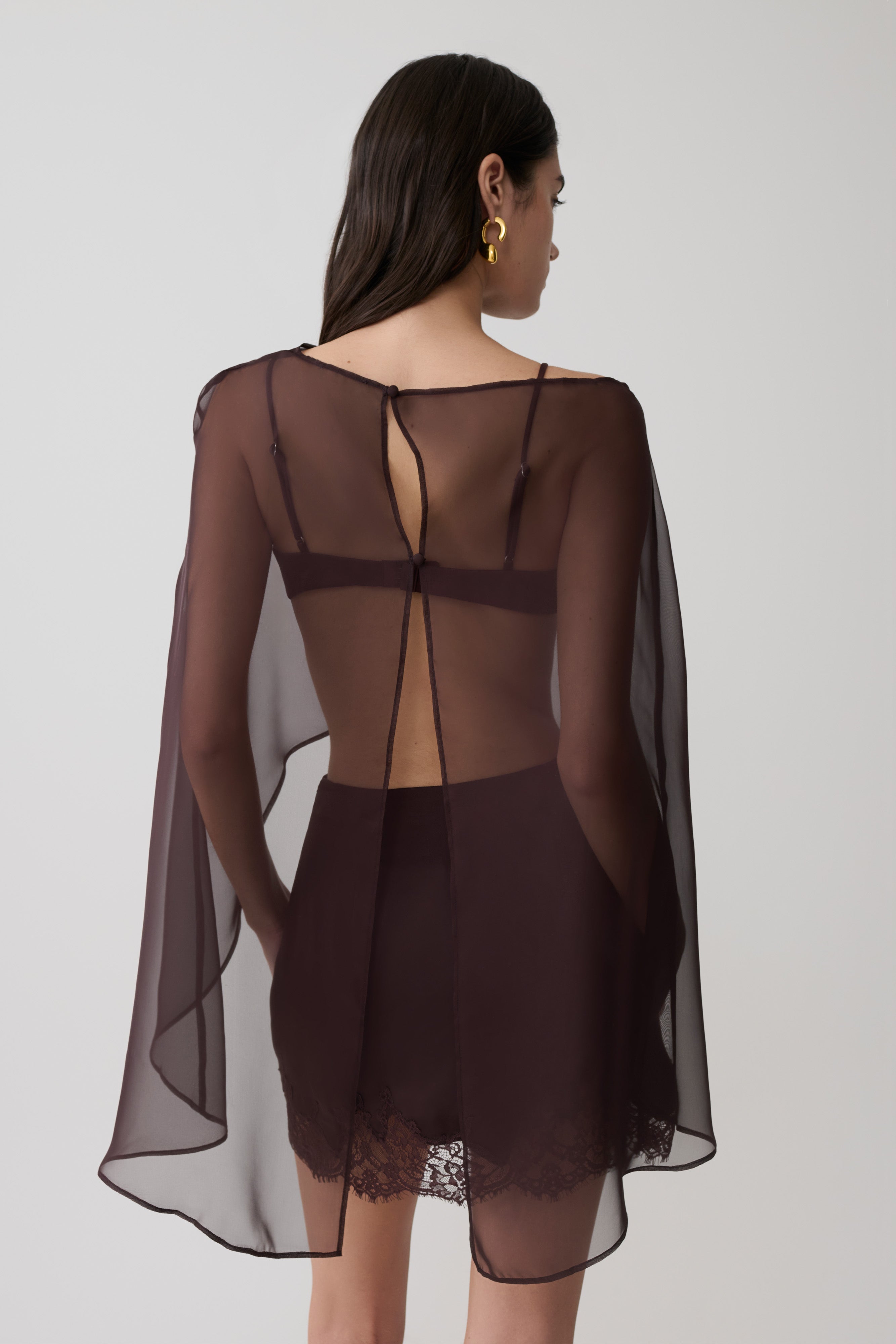 Kirstine Bralette With Chiffon Cape - Chocolate | MESHKI US