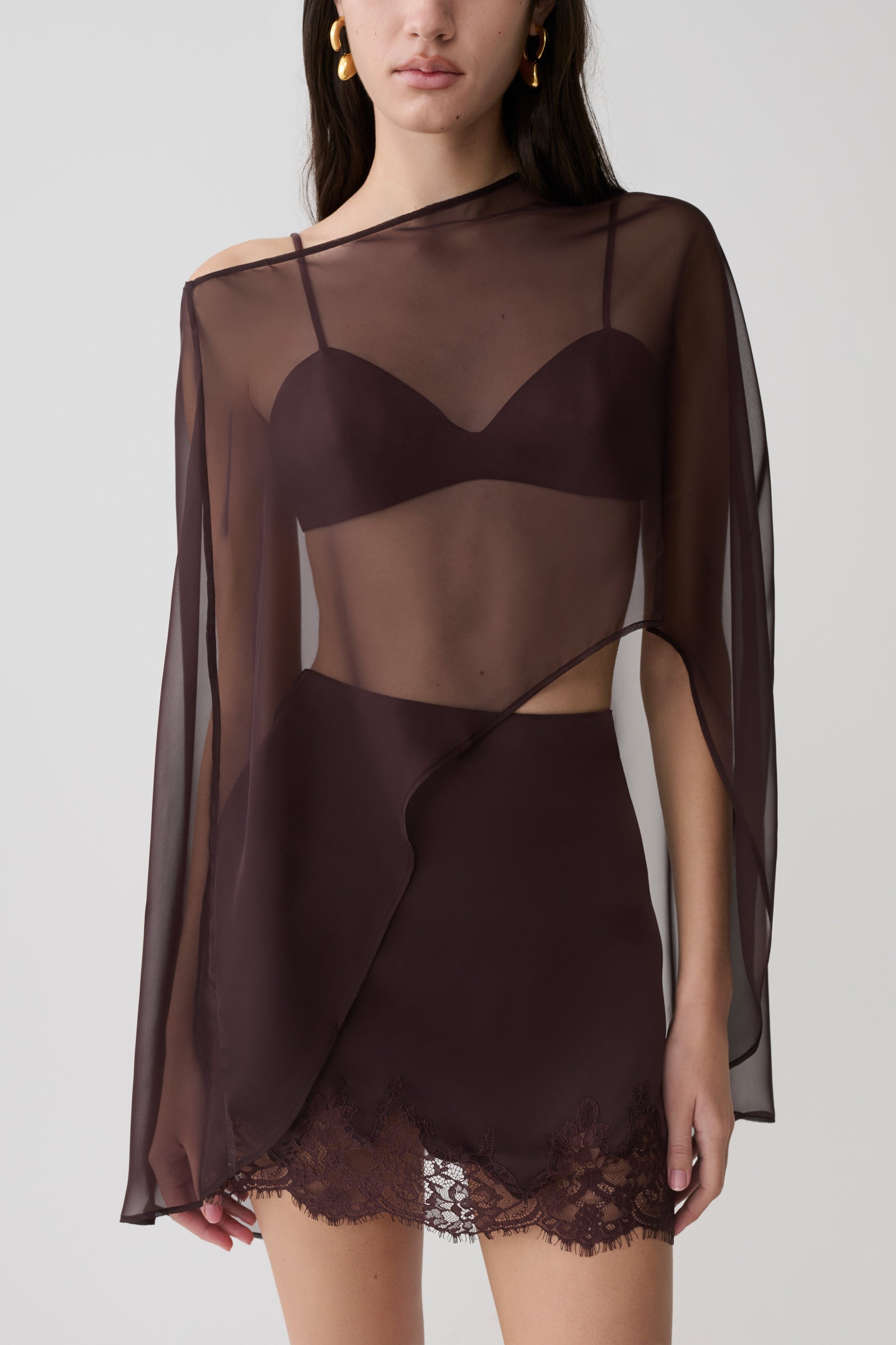 Kirstine Bralette With Chiffon Cape / Chocolate | MESHKI