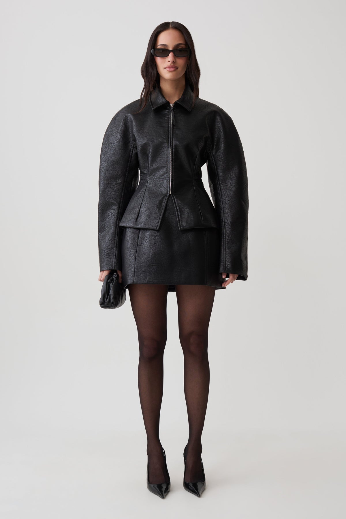 Telma Faux Leather Collared Jacket - Black