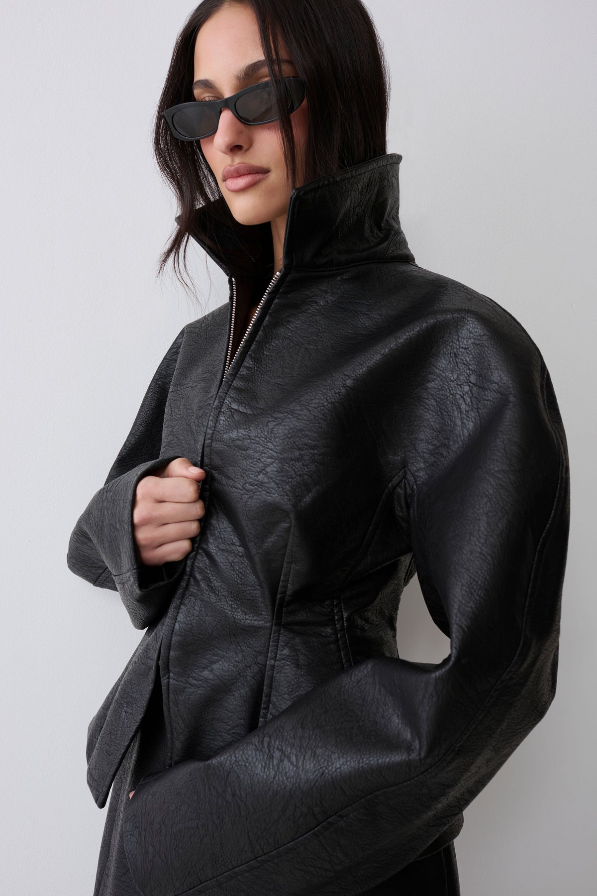Telma Faux Leather Collared Jacket - Black