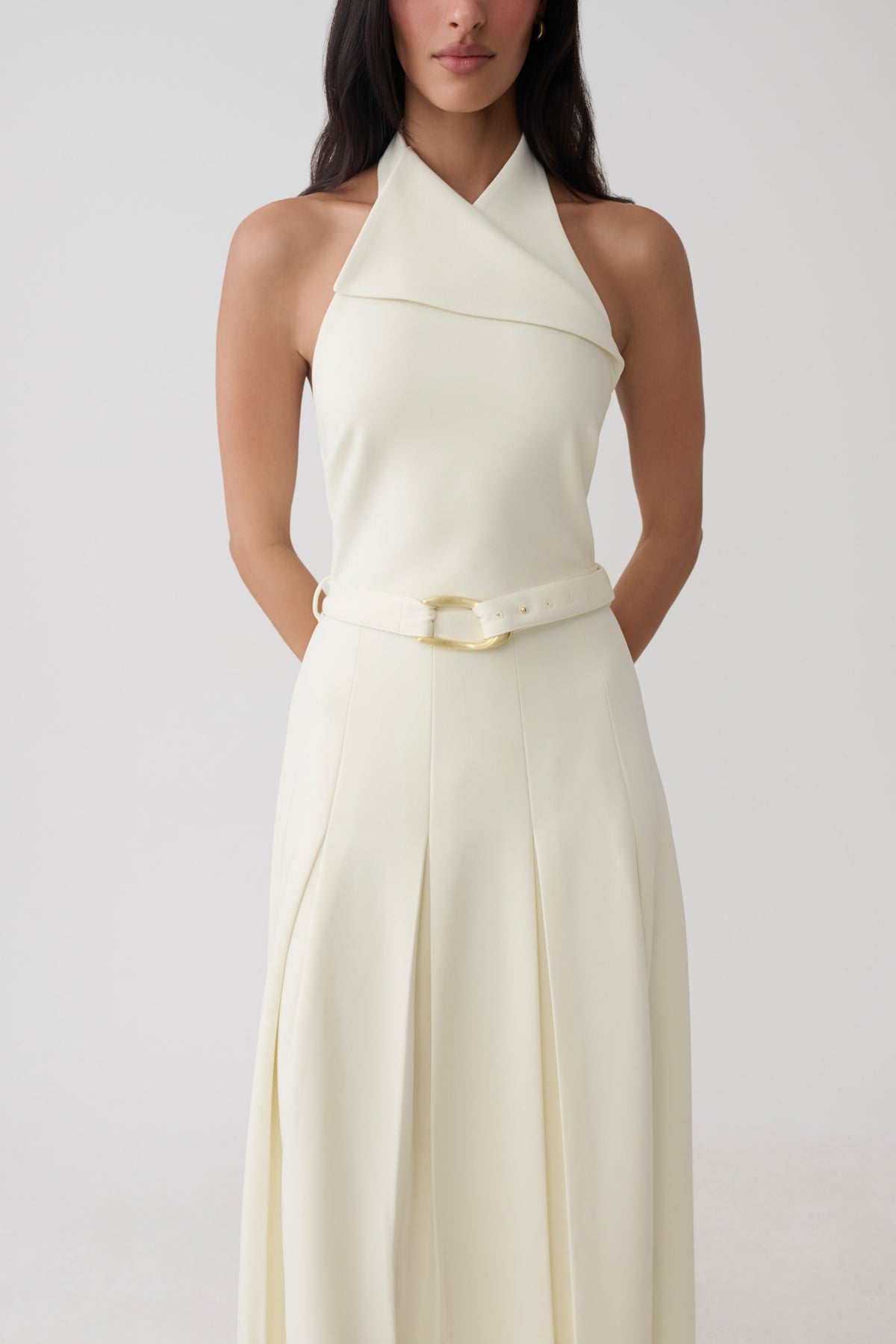 Alecto Crepe Halter Midi Dress With Belt - Ivory #7