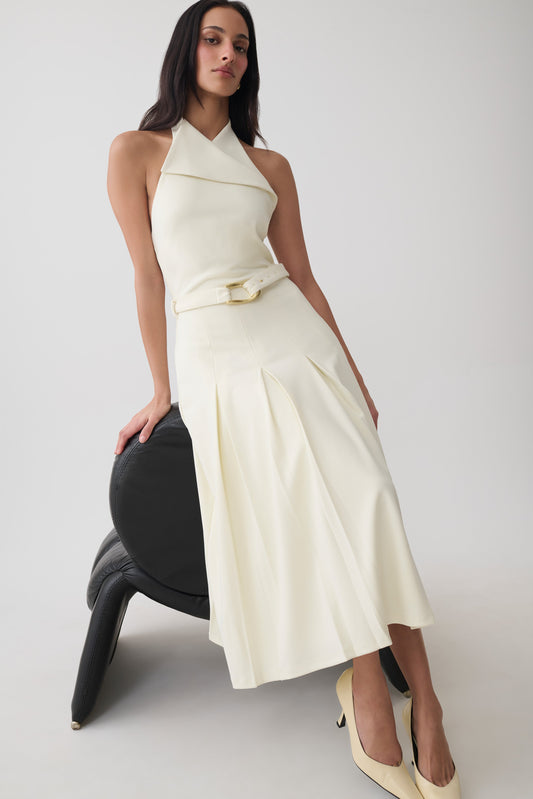 Alecto Crepe Halter Midi Dress With Belt - Ivory