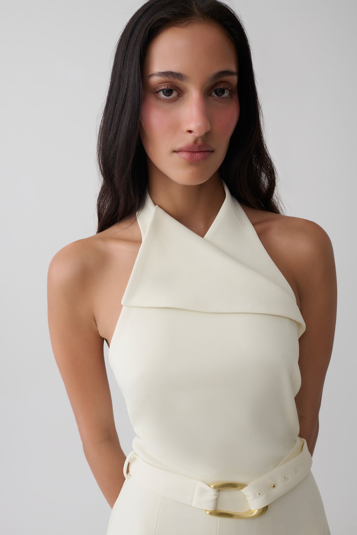 Alecto Crepe Halter Midi Dress With Belt - Ivory