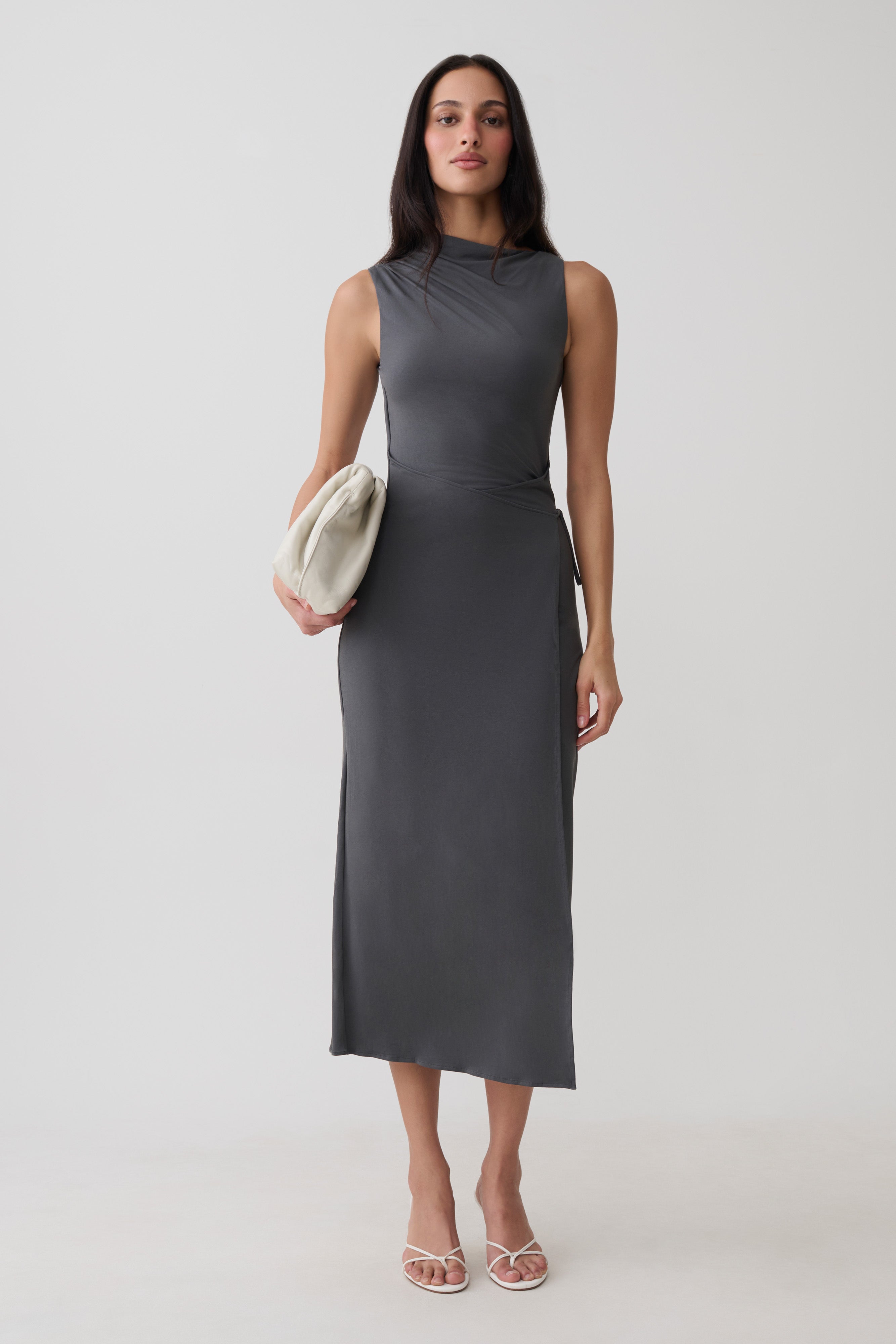 Euphemia Cupro Midi Wrap Dress - Charcoal | MESHKI US