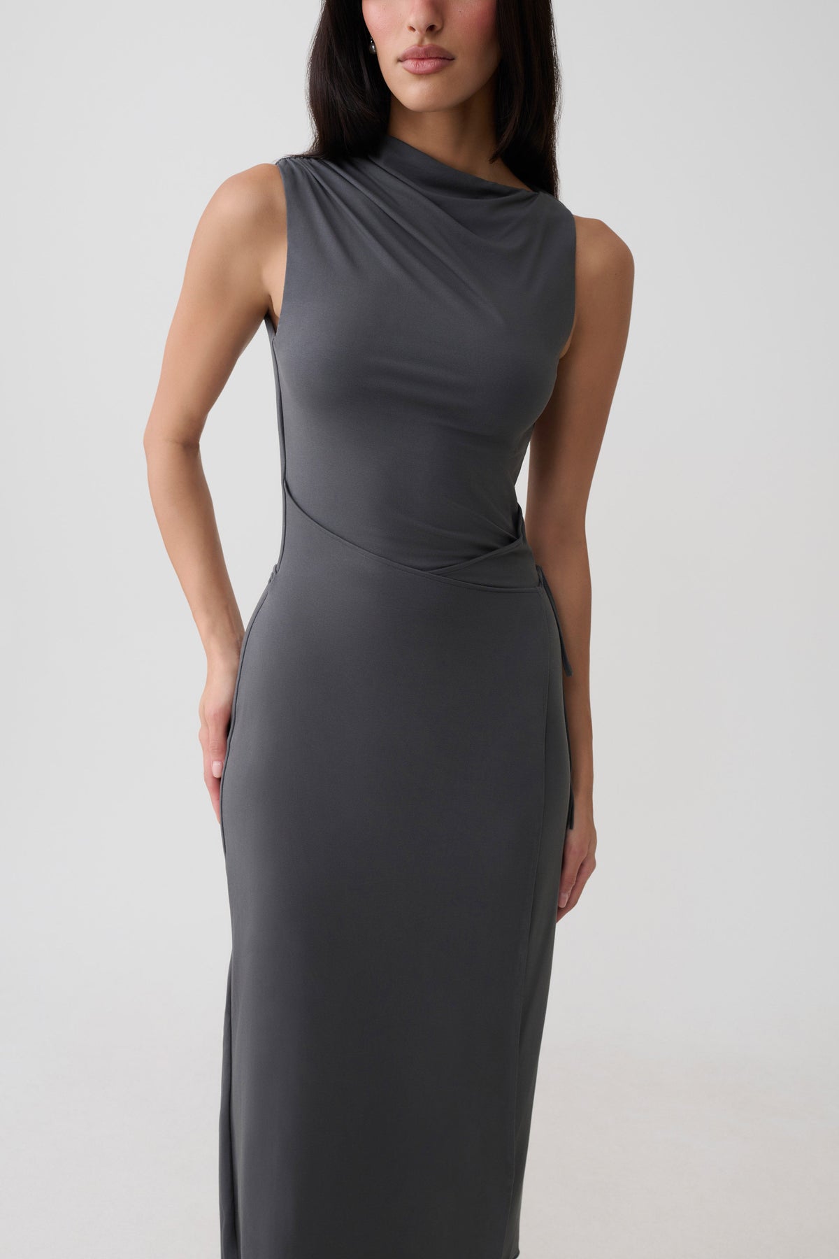 Euphemia Cupro Midi Wrap Dress - Charcoal #3