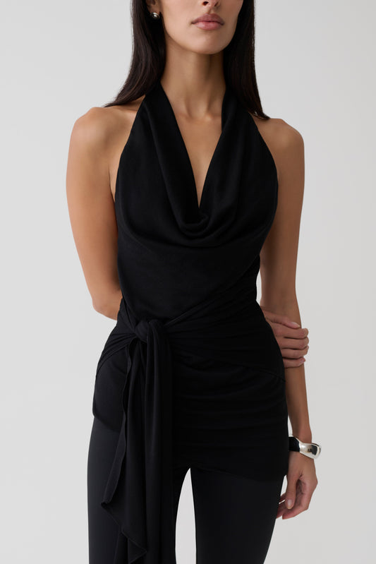 Dolorres Front Tie Halter Top - Black