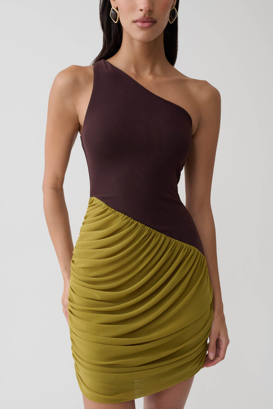 Halo Asymmetric Two Toned Mini Dress - Green/Chocolate