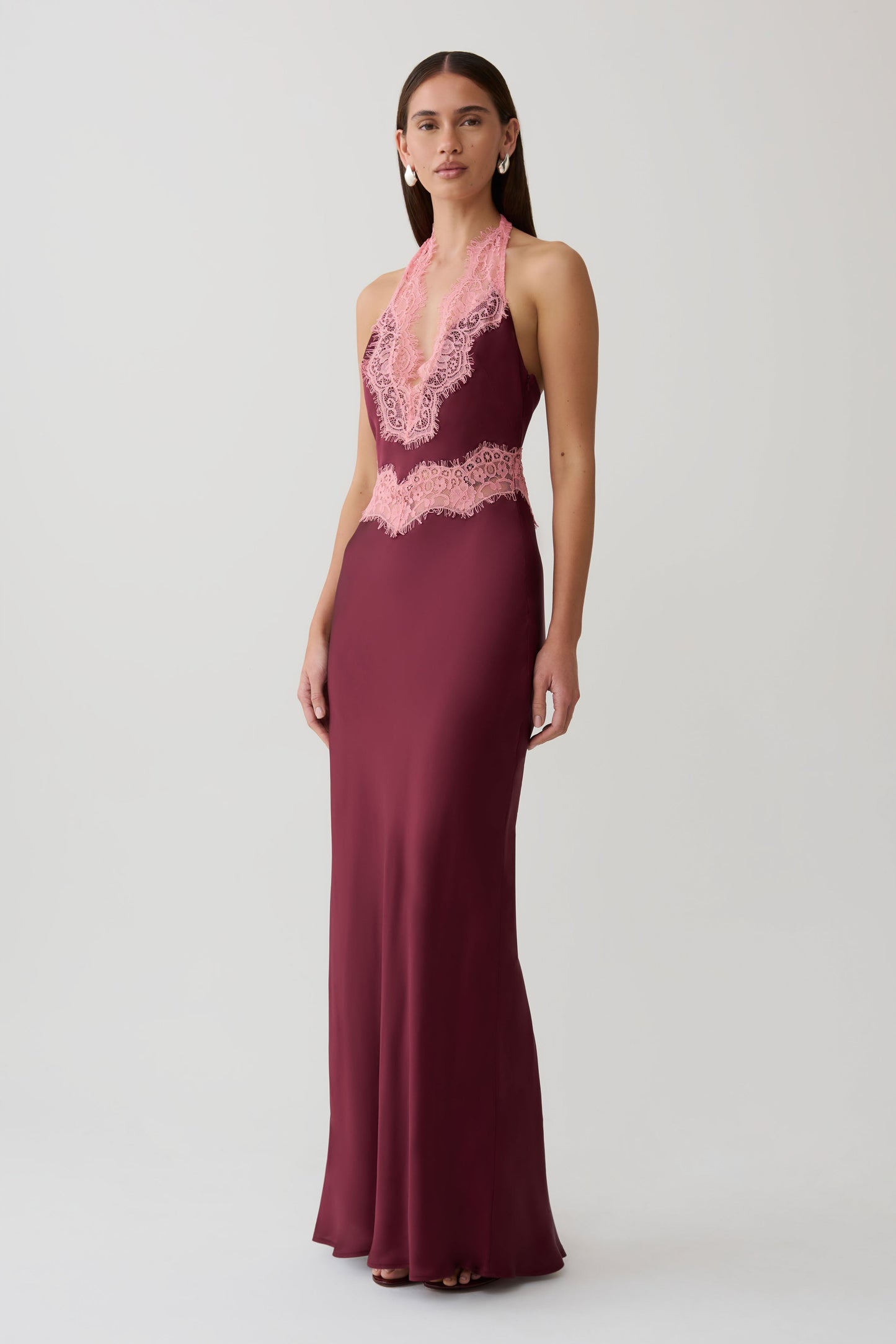 Louise Satin And Lace Maxi Dress - Burgundy