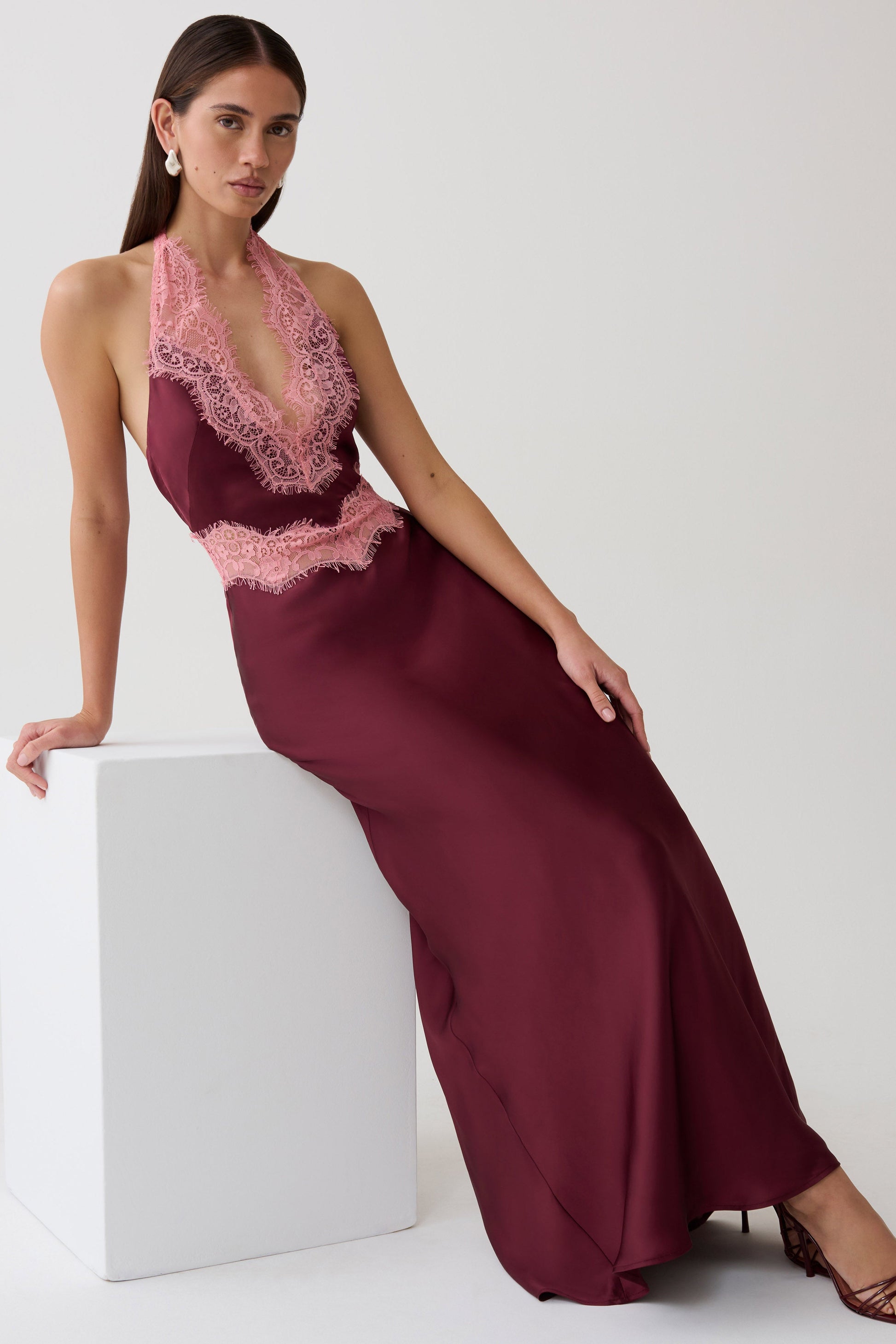 Louise Satin And Lace Maxi Dress - Burgundy #7
