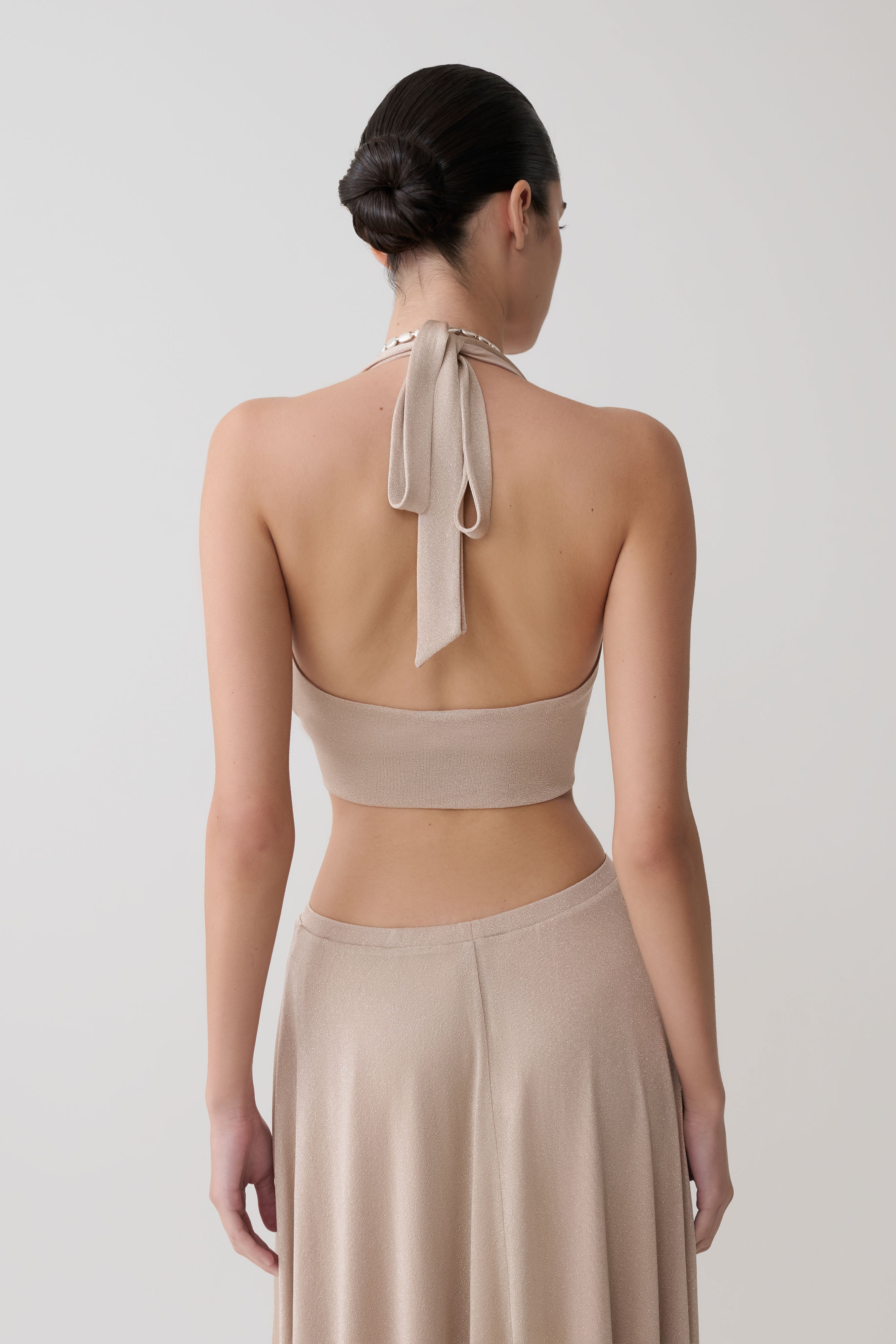 Nola Draped Lurex Halter Top - Gold | MESHKI US