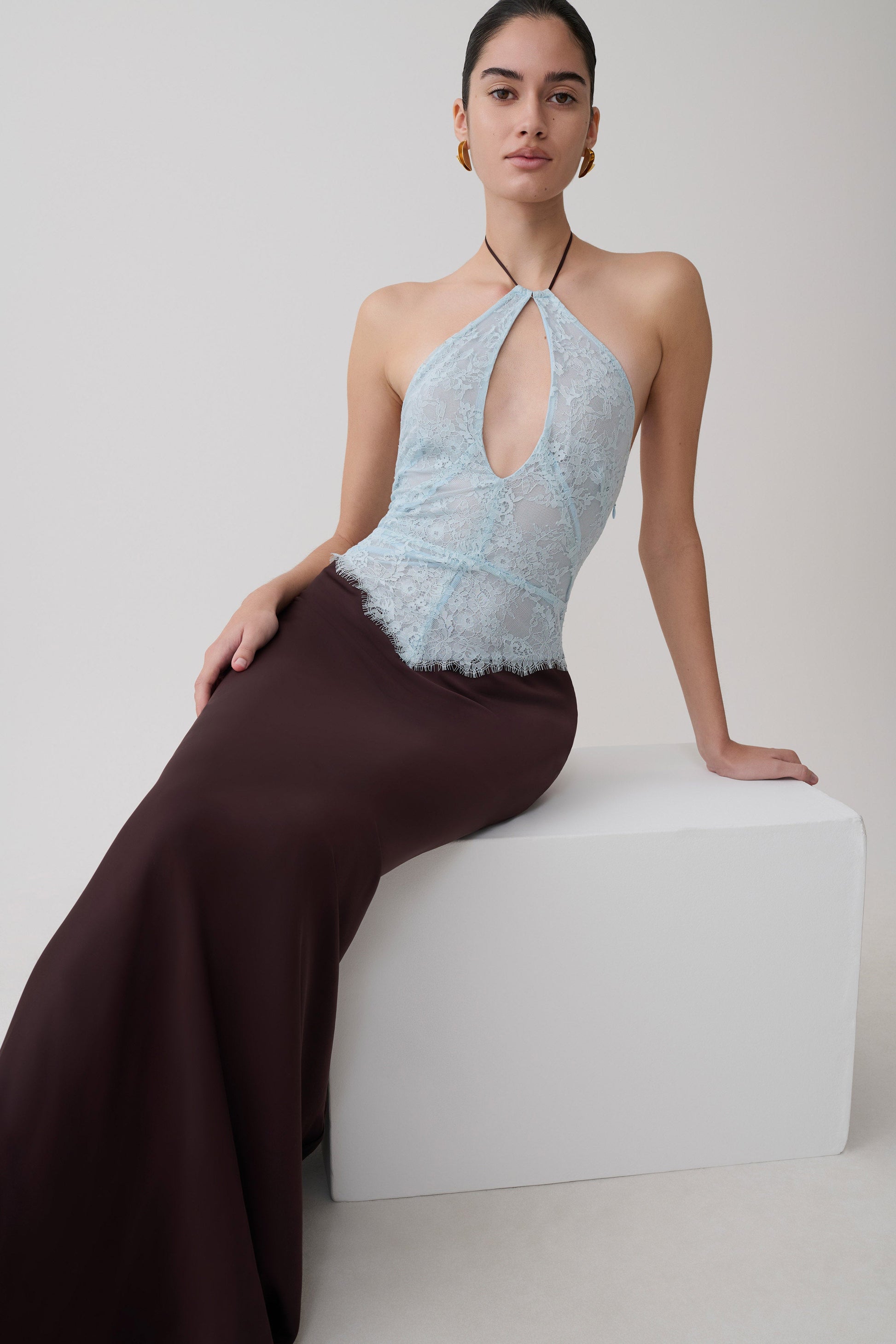 ice blue halter dress Klairee Halter Lace Maxi Dress | Icy Blue | Womens