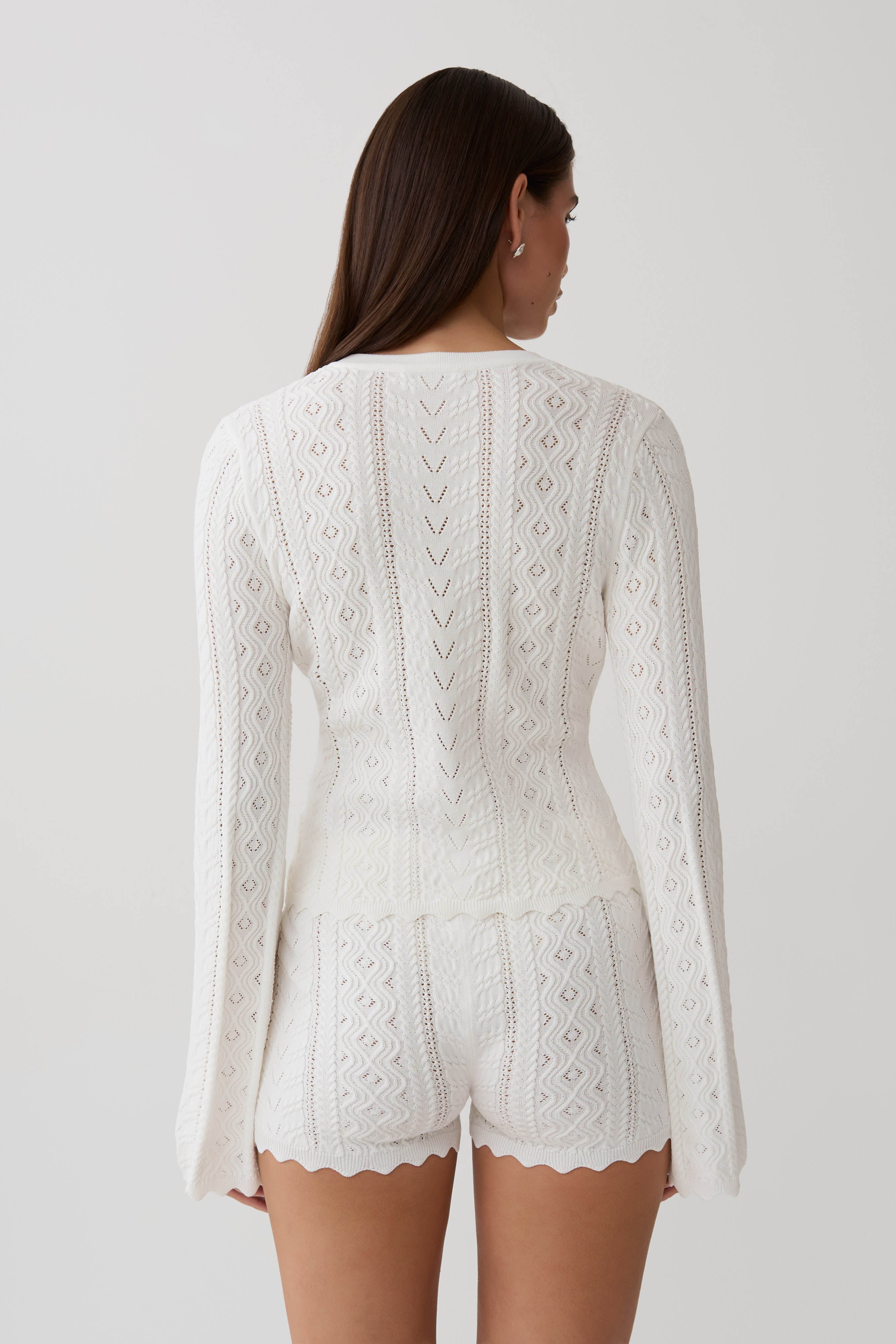 Darlene Pointelle Knit Long Sleeve Top - White | MESHKI US