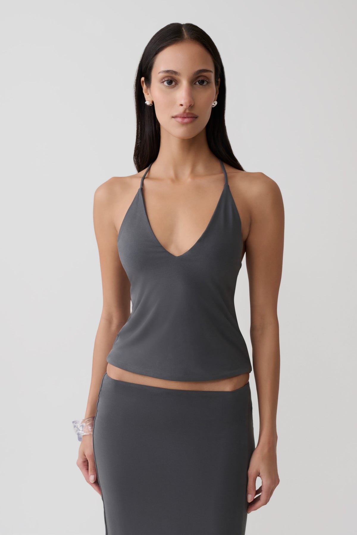 Fenn Peached Jersey Draped Back Top - Charcoal