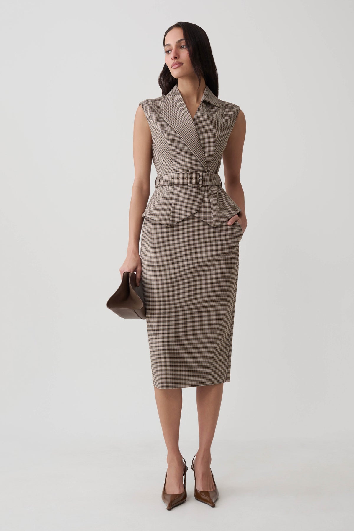 Gisella Suiting Asymmetrical Vest - Tan Check #5