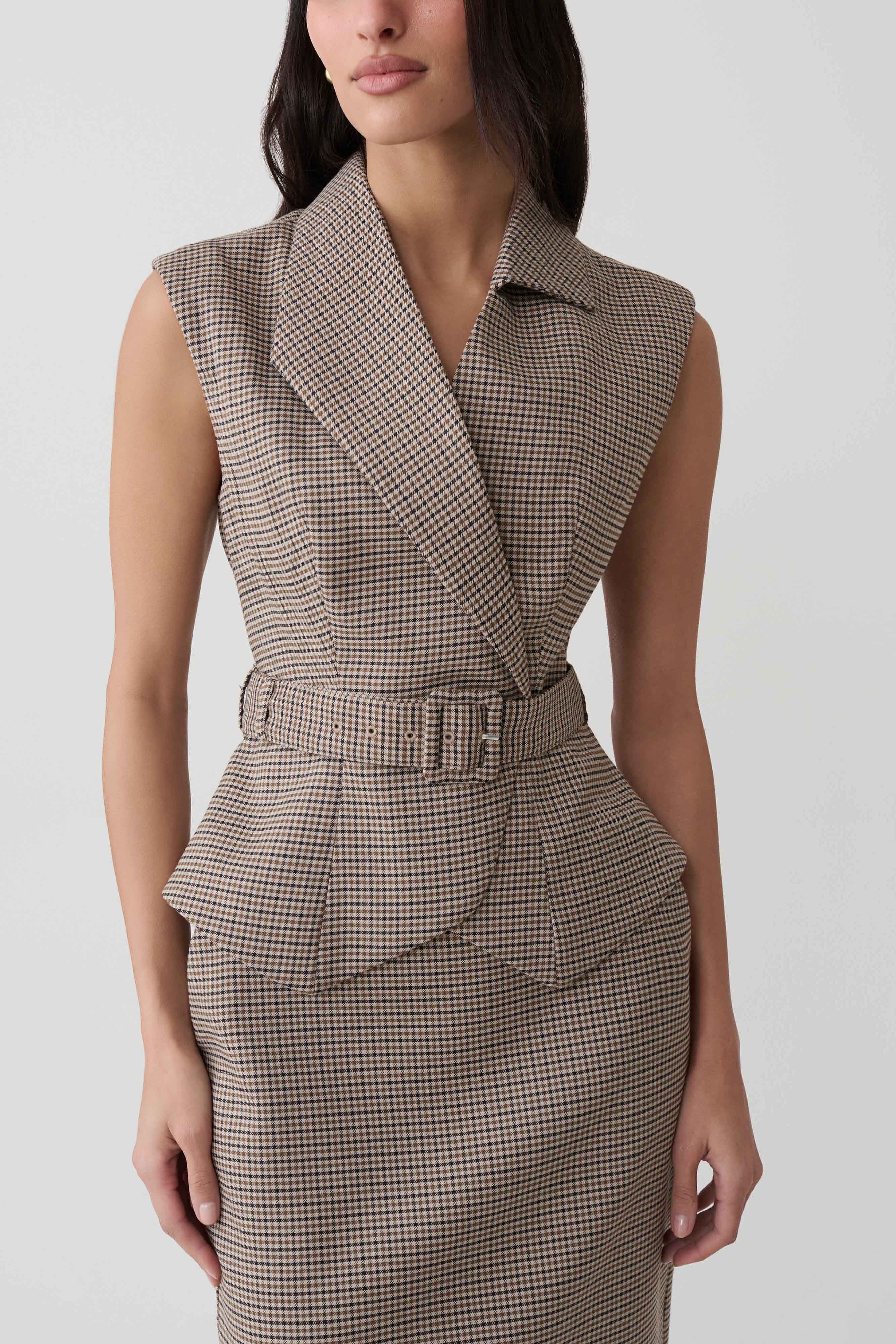 Gisella Suiting Asymmetrical Vest - Tan Check | MESHKI US
