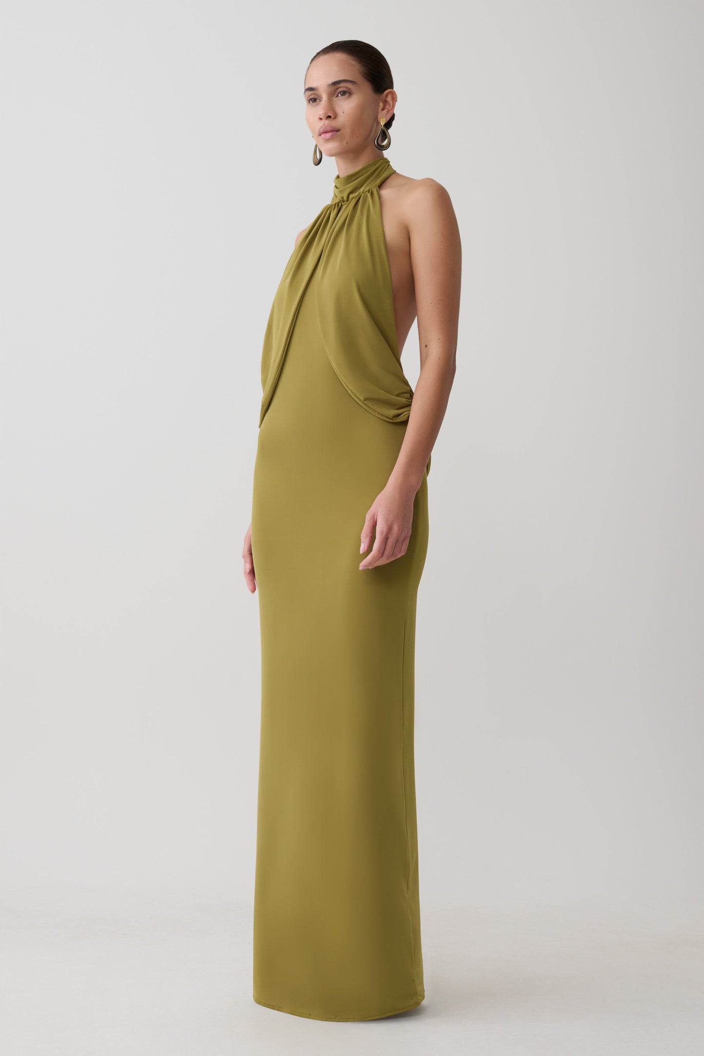 Joan Halter Neck Slinky Maxi Dress - Martini Olive