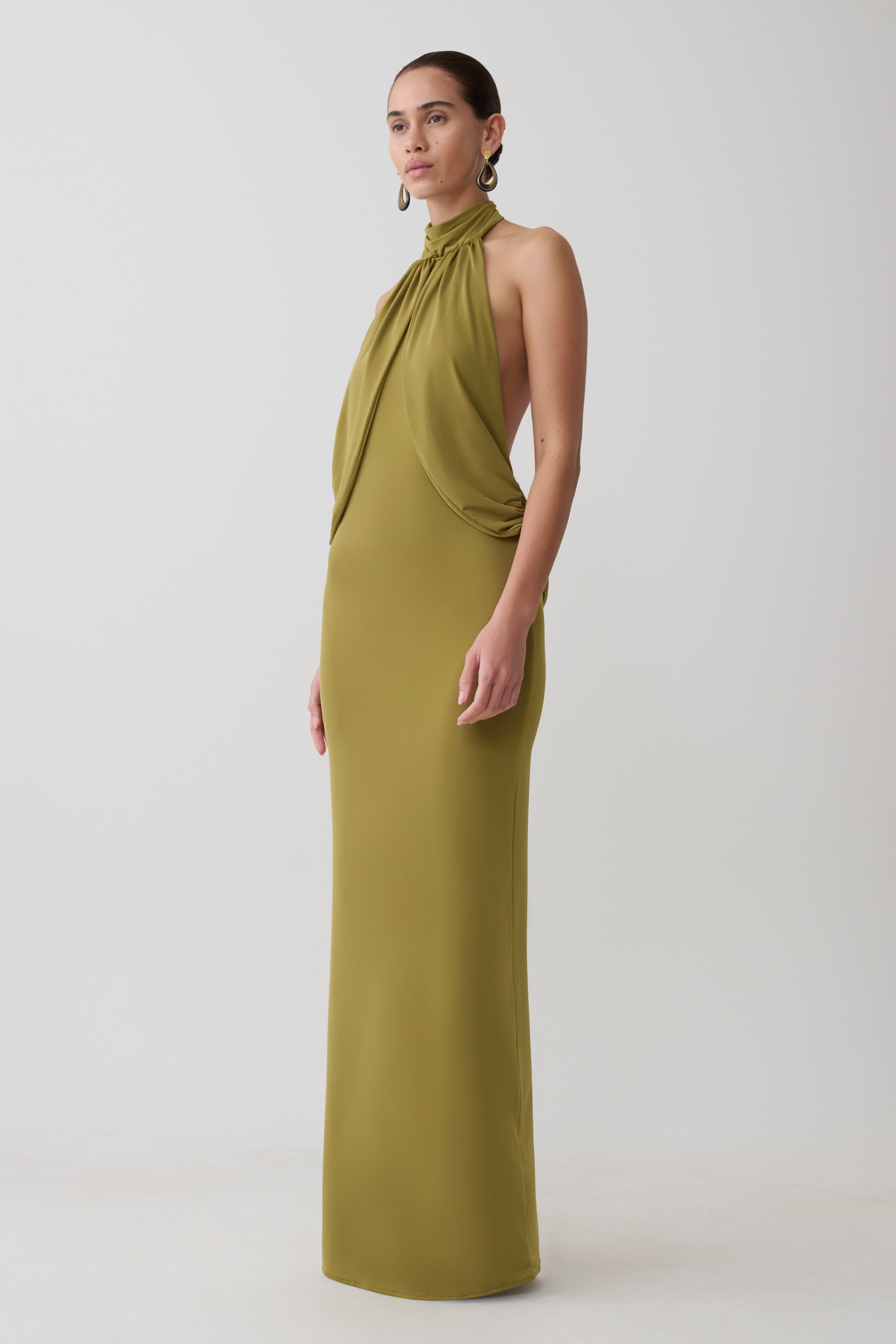 Joan Halter Neck Slinky Maxi Dress - Martini Olive #5