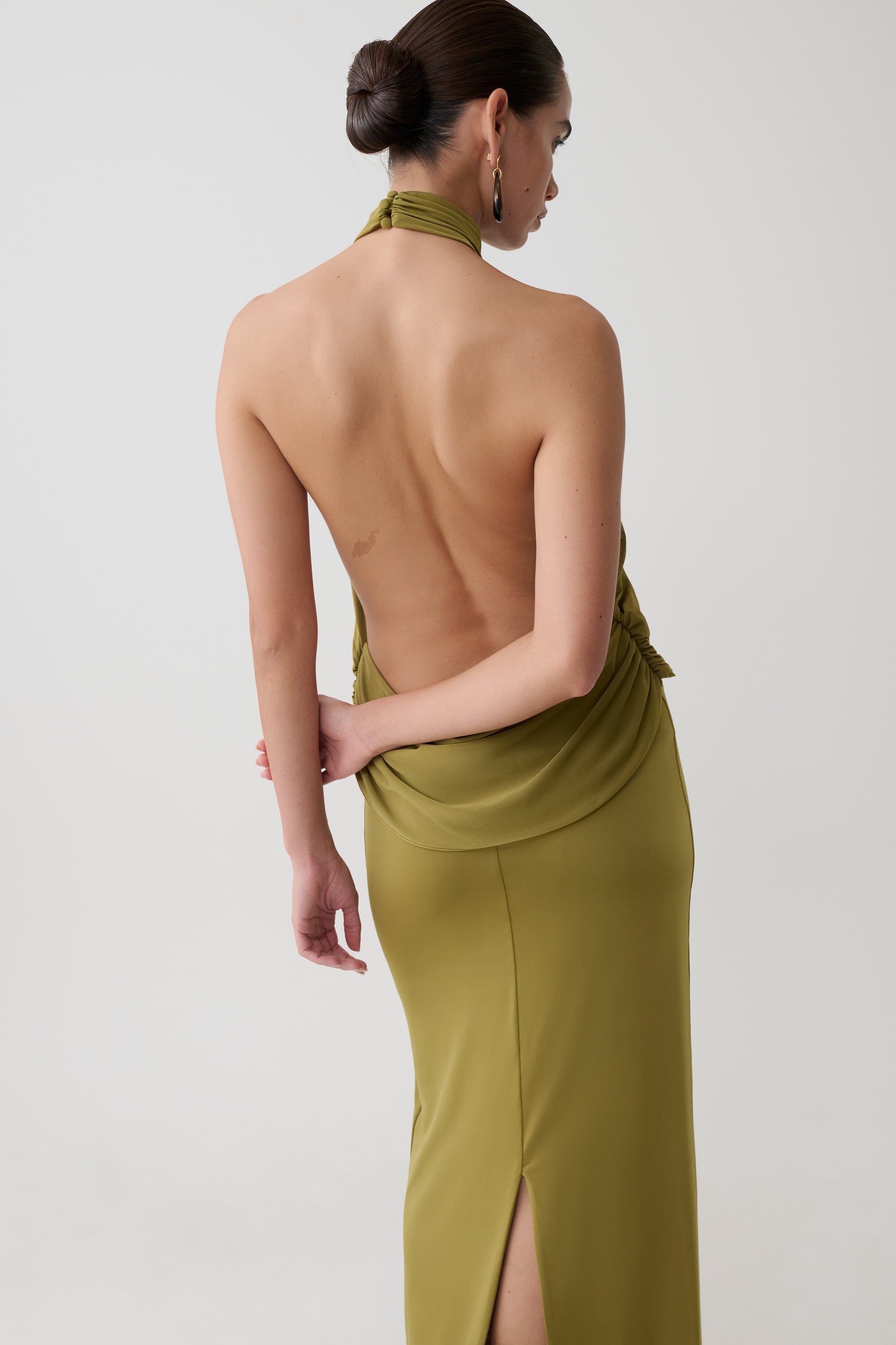 Joan Halter Neck Slinky Maxi Dress / Martini Olive | MESHKI