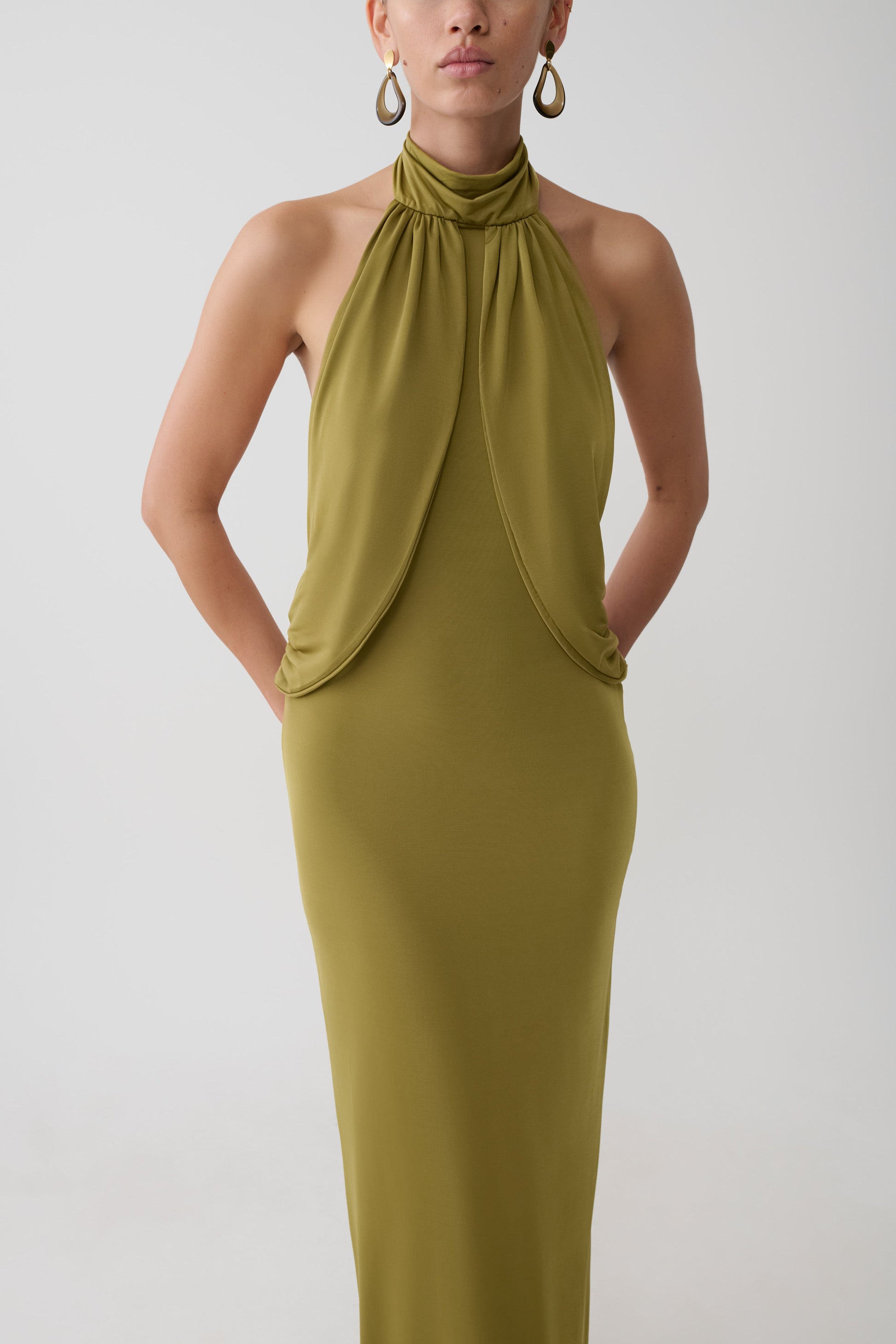 green silk halter neck dress River Island satin maxi in print With low back detail and cinched waist to create an hourglass shape ASOS DESIGN satin tape halter