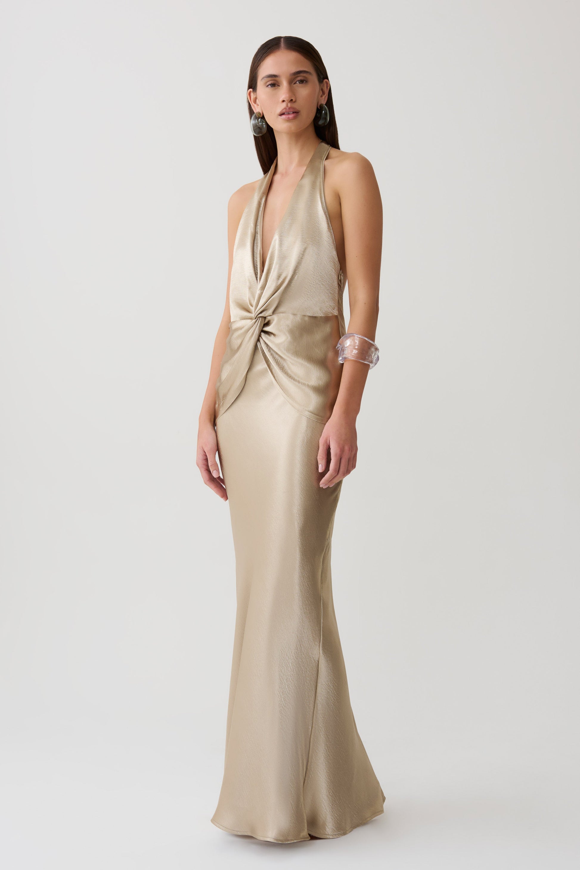 Peyton V Neck Satin Maxi Dress - Gold
