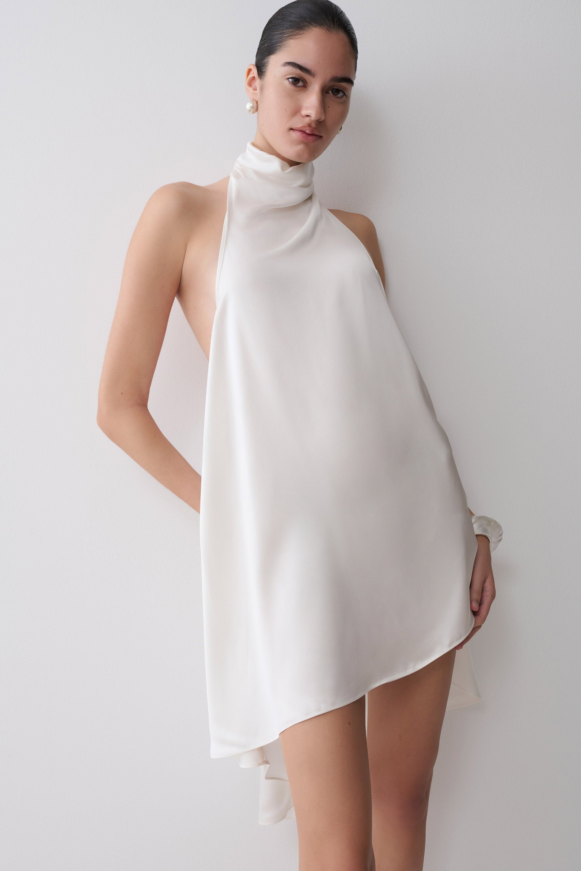 Sydney Asymmetrical Satin Halter Mini Dress / Ivory | MESHKI