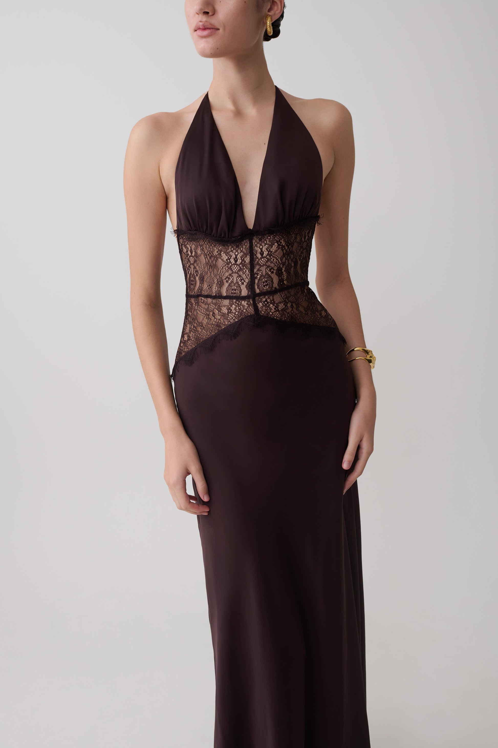 Dinah Lace And Satin Maxi Dress / Chocolate | MESHKI