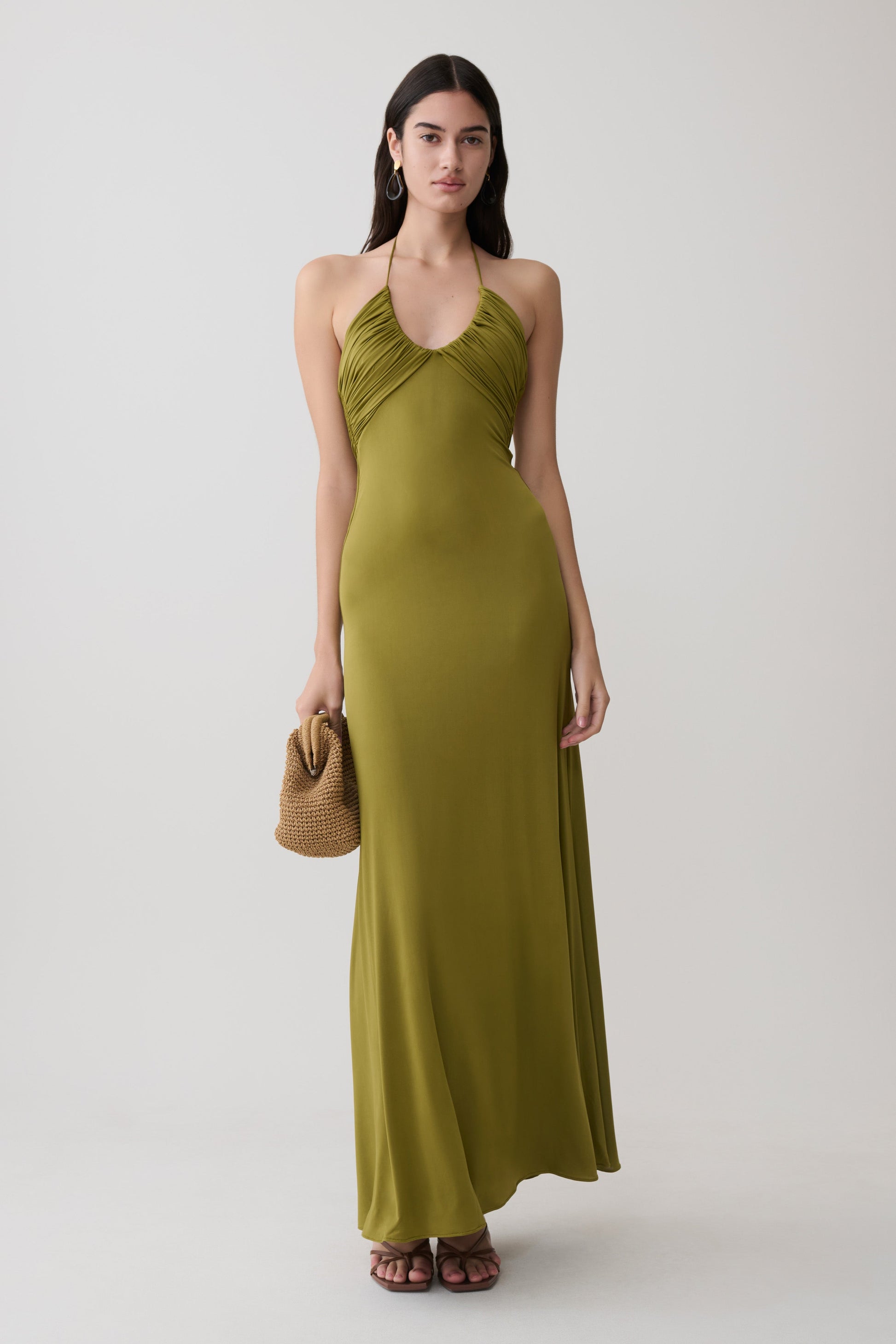 meshki dresses Iris Long Sleeve Satin Maxi Dress / Blush Gold | Featuring a flattering strapless neckline Maely Gathered Slinky Maxi Dress