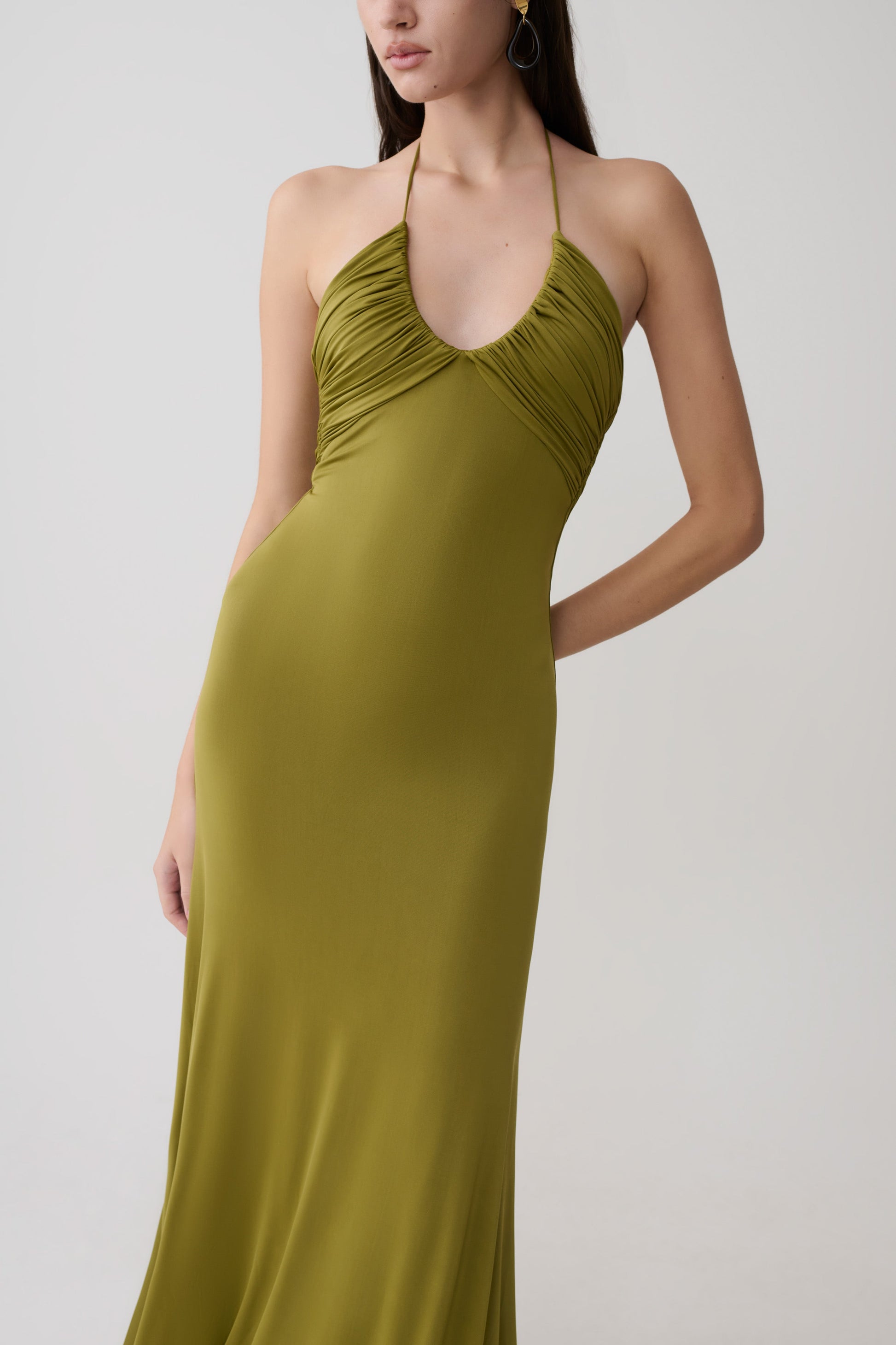 Maely Gathered Slinky Maxi Dress - Olive #7