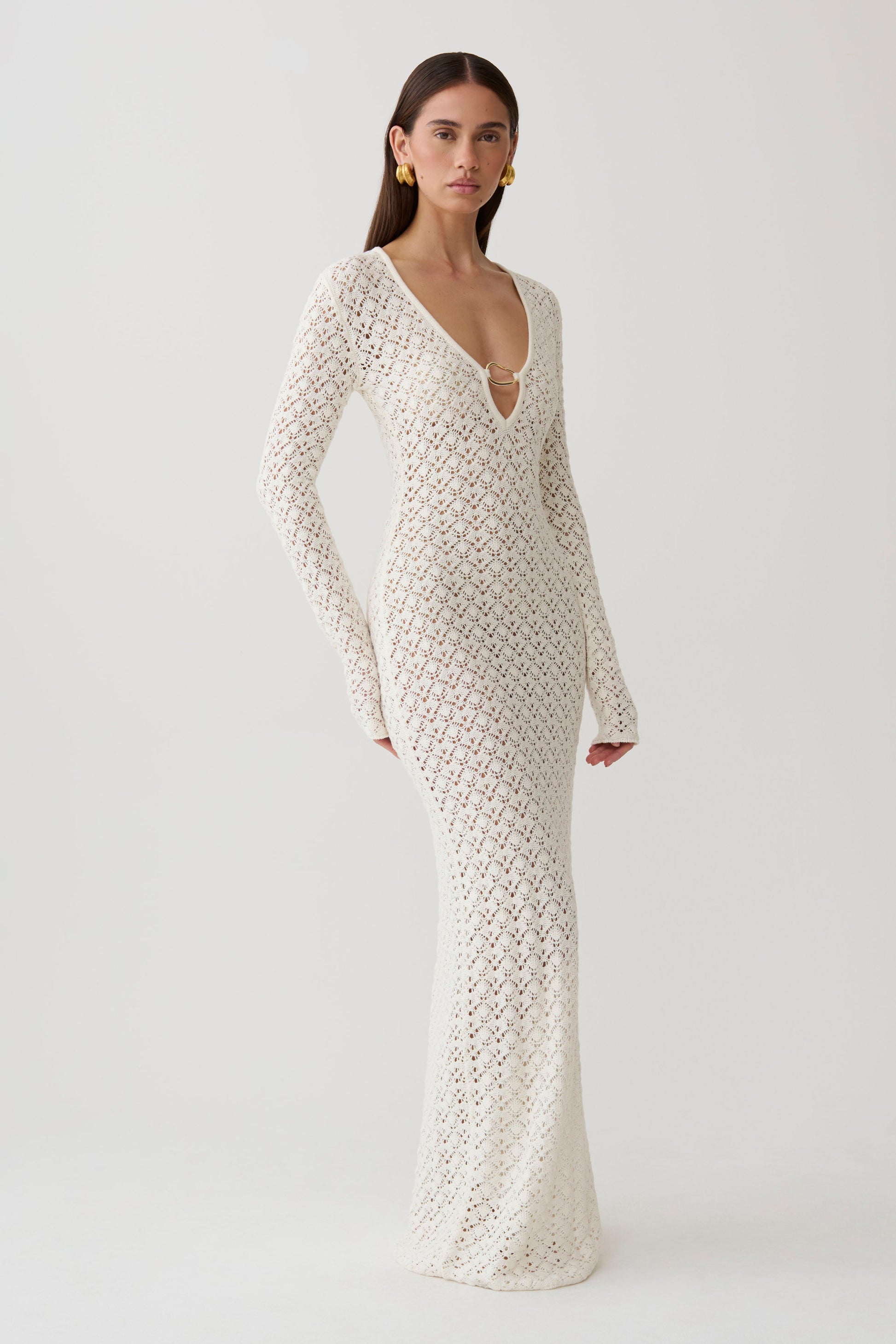 Jamaya Crochet Knit Maxi Dress / Ivory | MESHKI