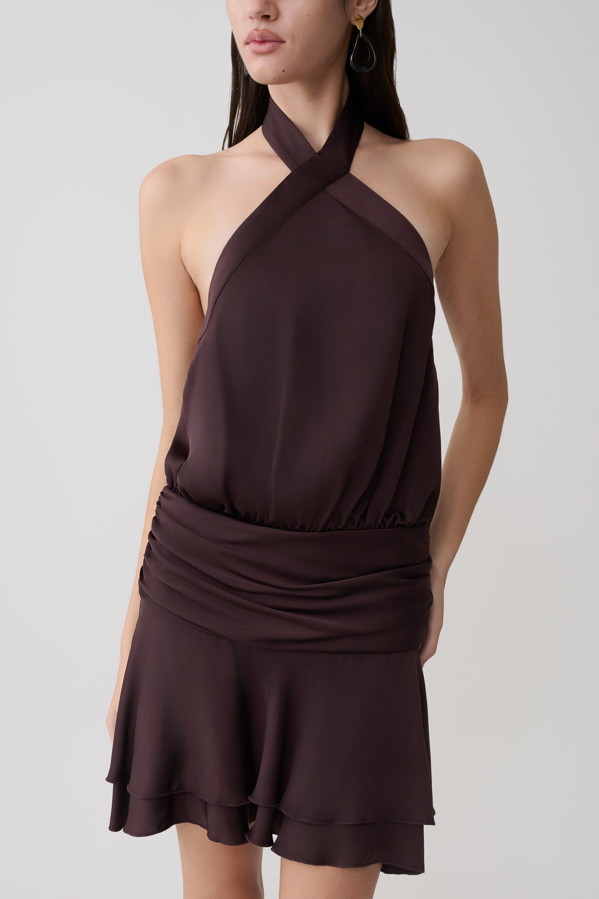 Poppy Satin Halter Mini Dress - Chocolate #3