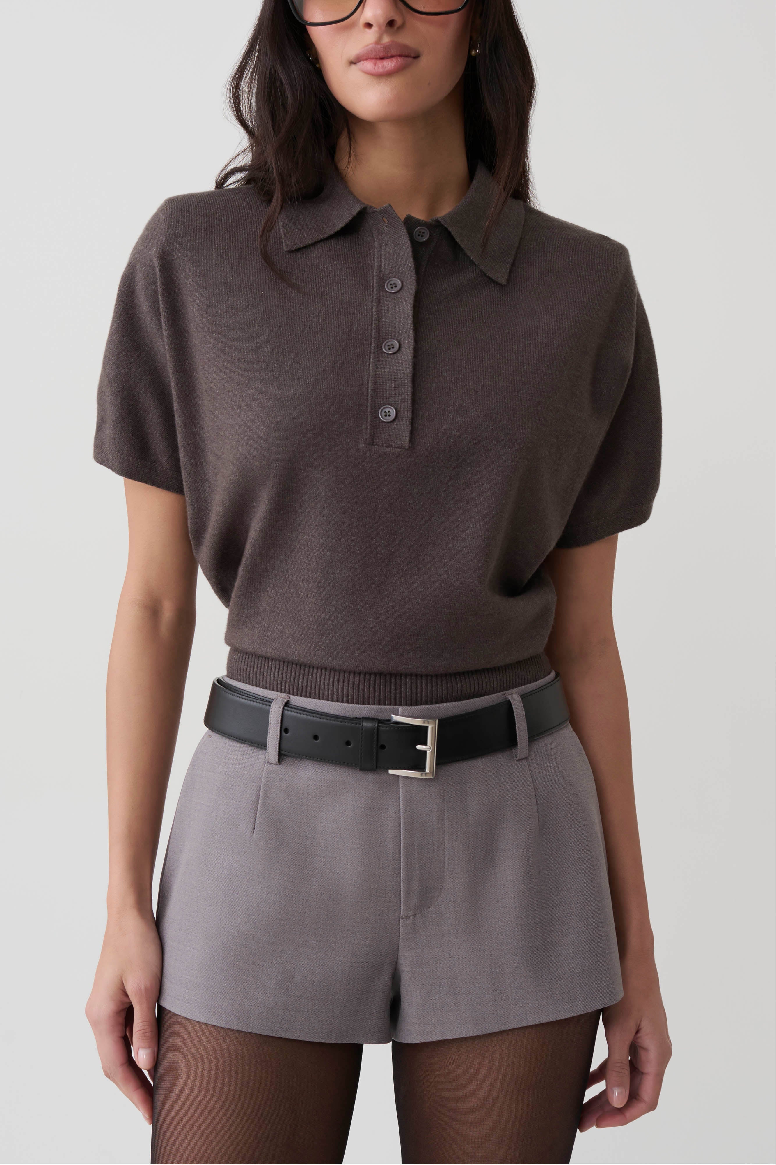 Shirin Knit Top With Shoulder Pads - Grey | MESHKI US