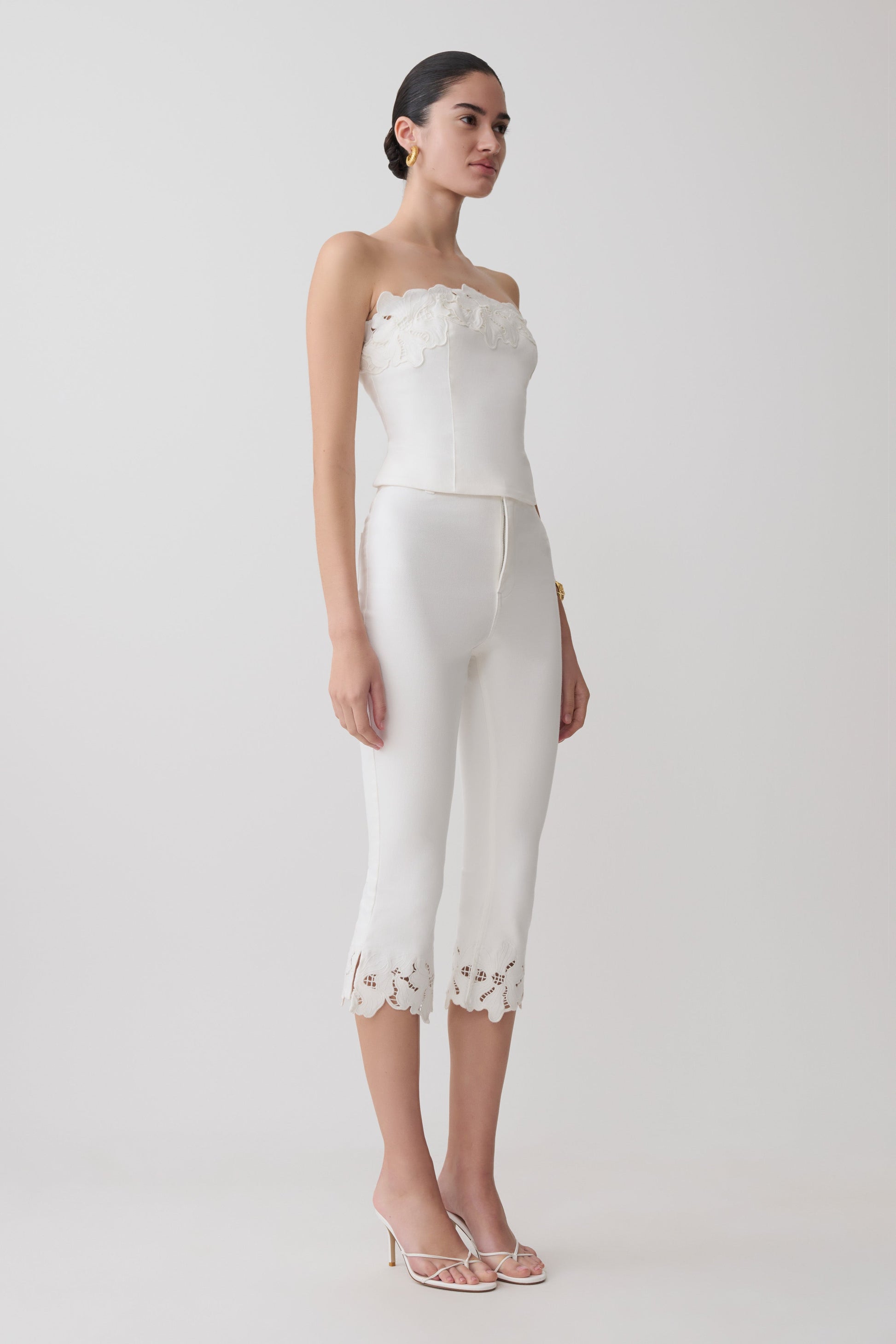 Tillie Flower Embroidery Strapless Denim Top - White #4