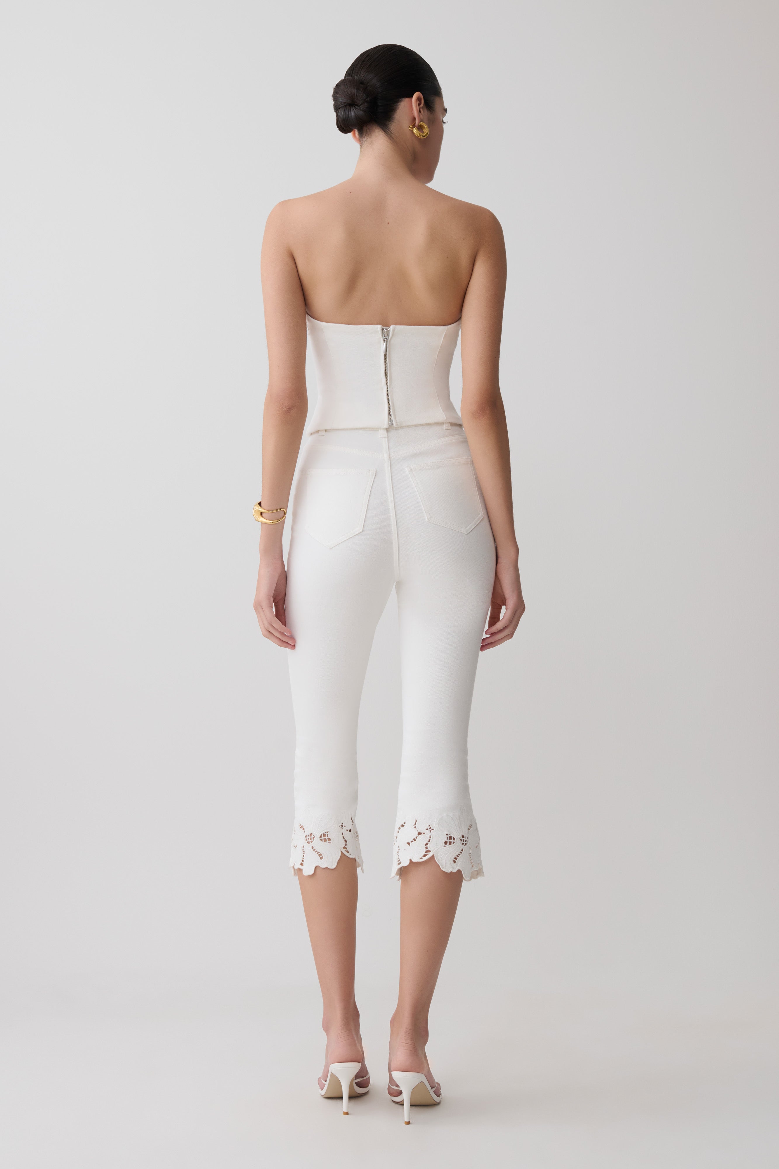 Tillie Flower Embroidery Strapless Denim Top - White | MESHKI US