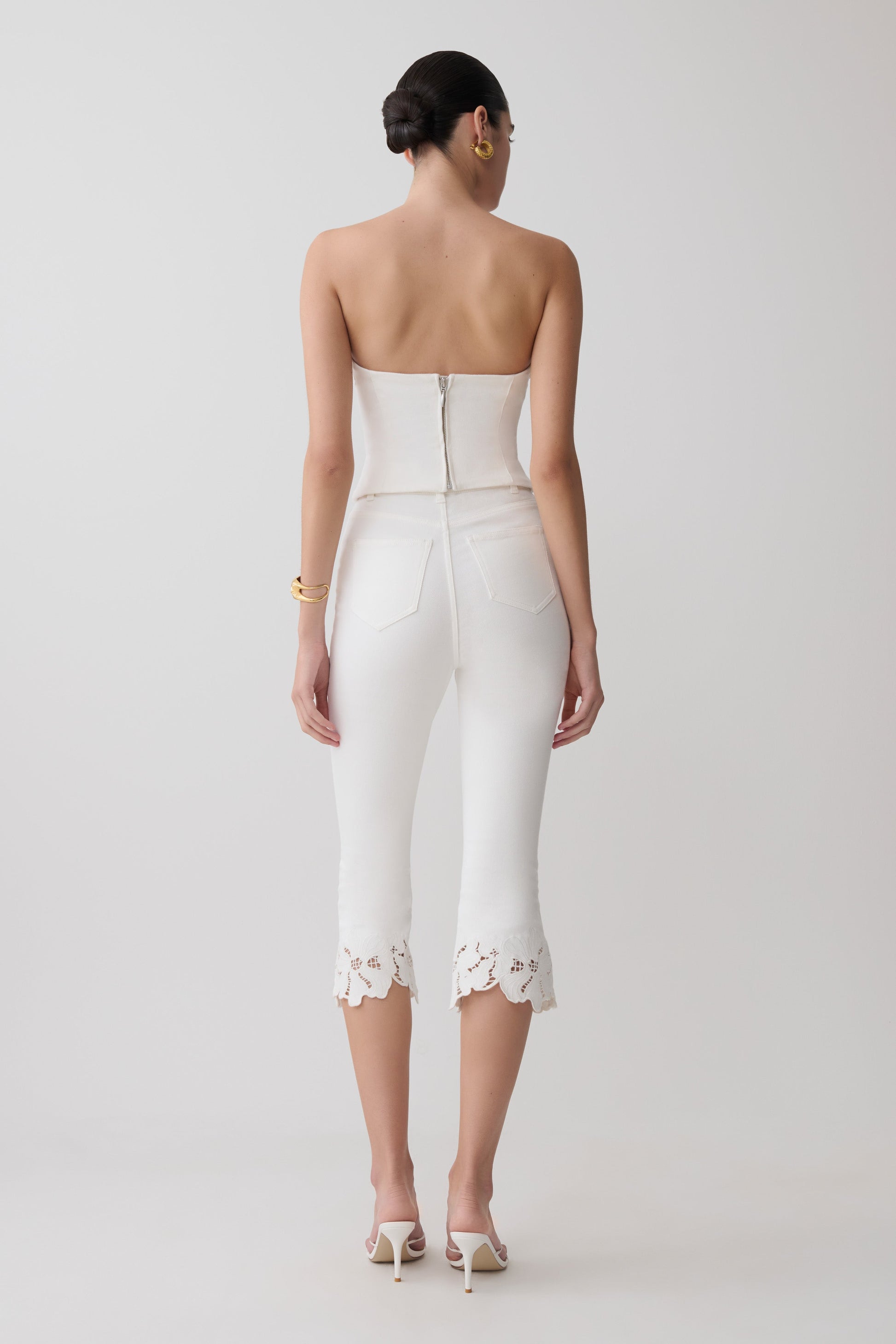 Tillie Flower Embroidery Strapless Denim Top - White #5