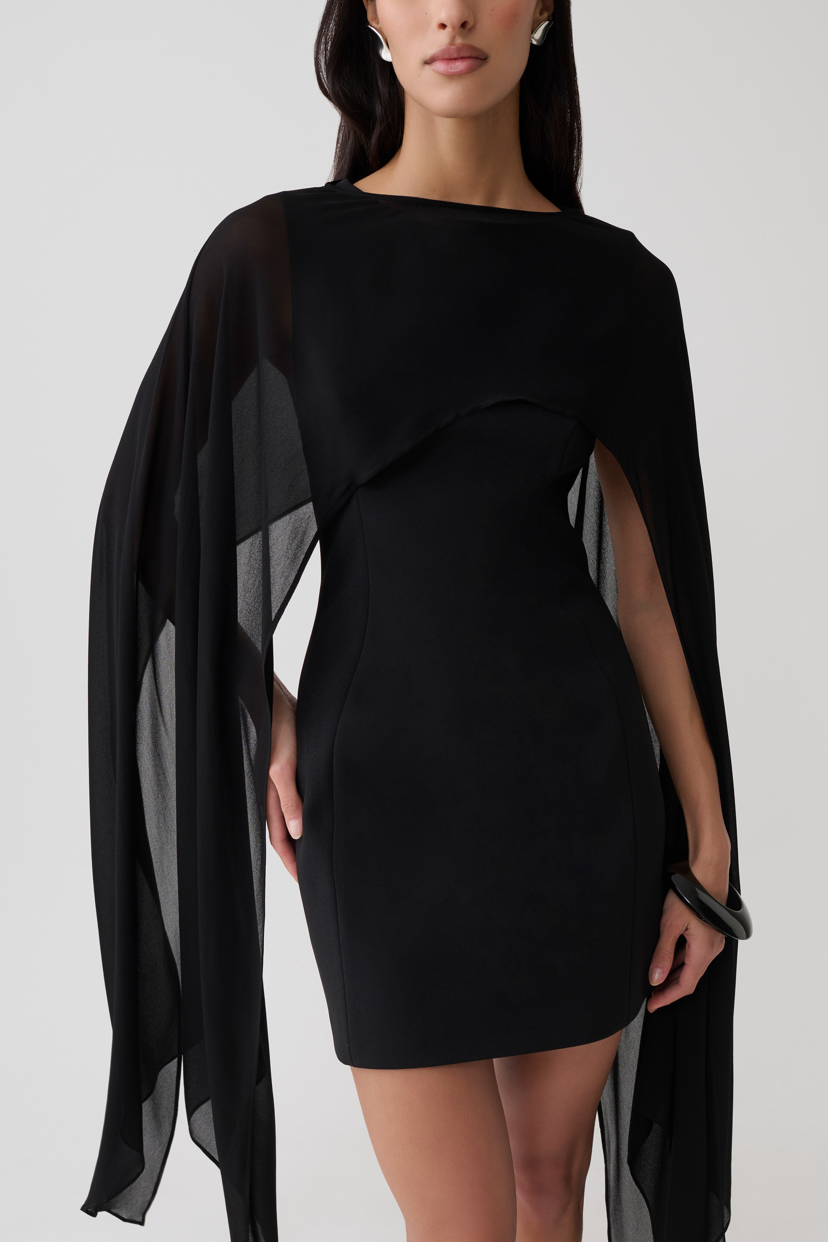 Triana Chiffon Overlay Mini Dress - Black | MESHKI US