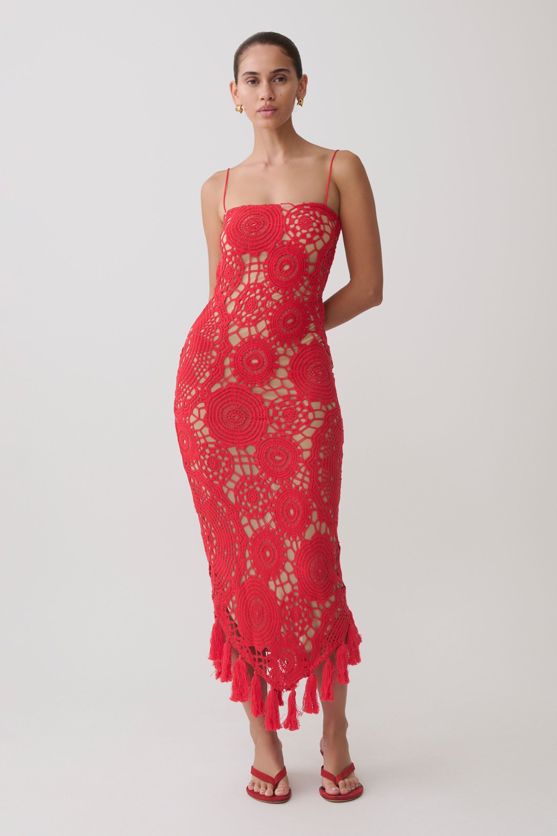 Delta Crochet Halter Midi Dress / Red | MESHKI