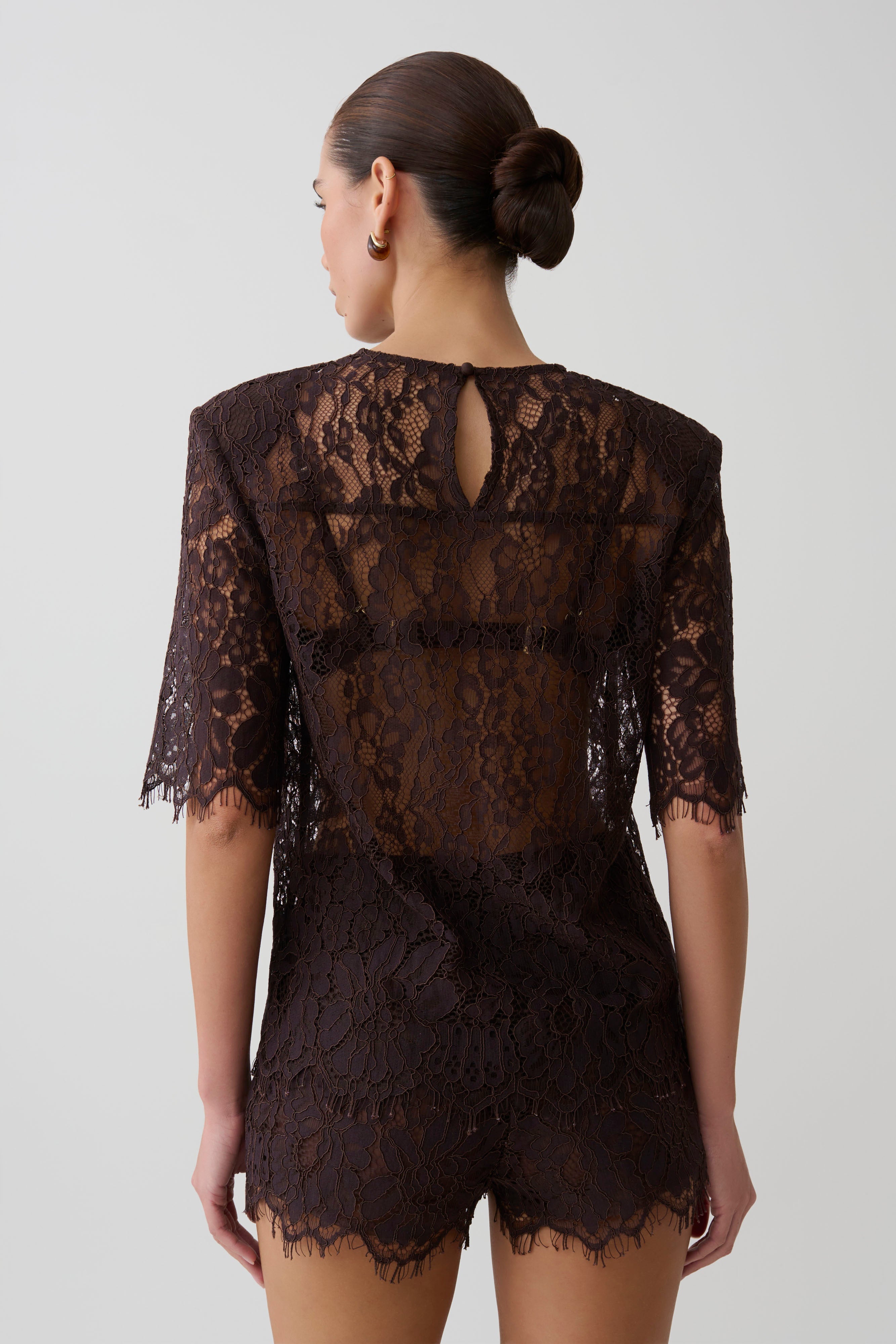 Harlyn Shoulder Pad Short Sleeve Lace Top - Dark Chocolate | MESHKI US