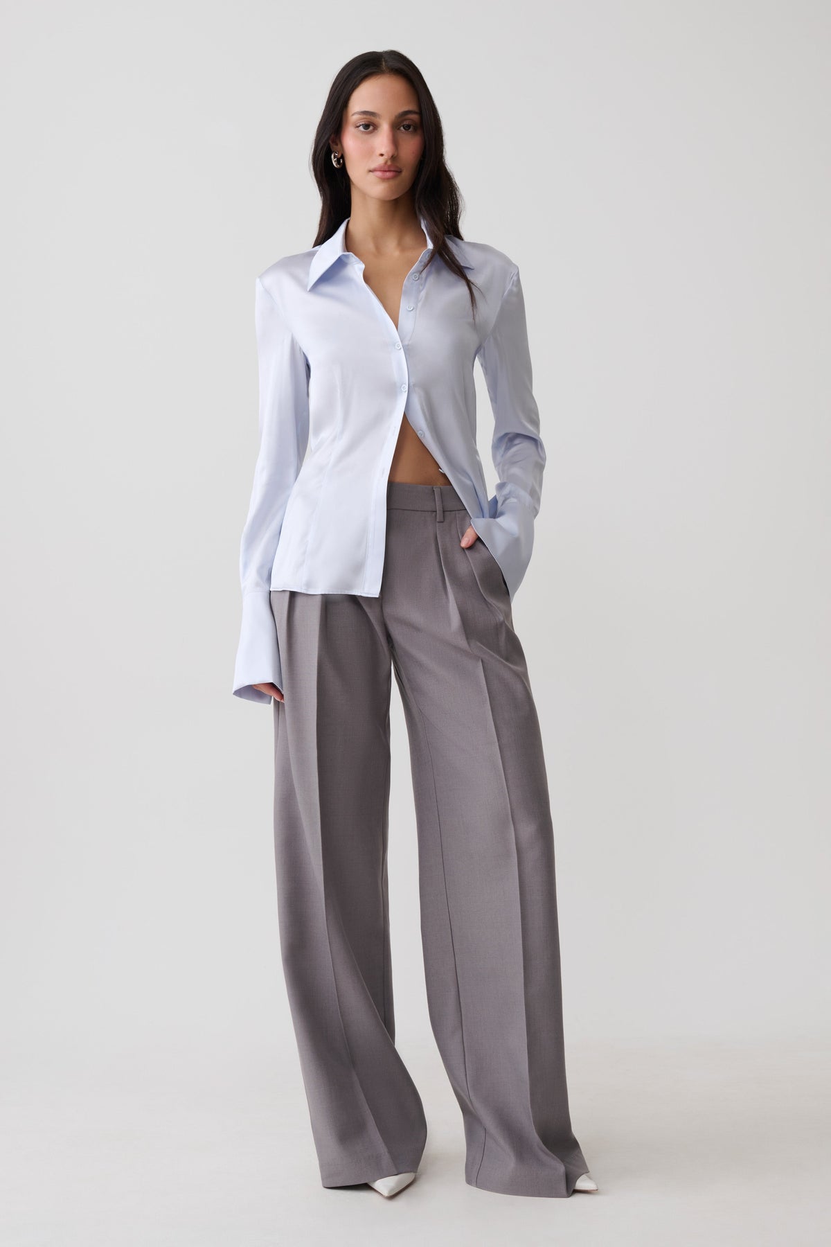 Queenie Silk Blend Long Sleeve Shirt - Ice Blue #9