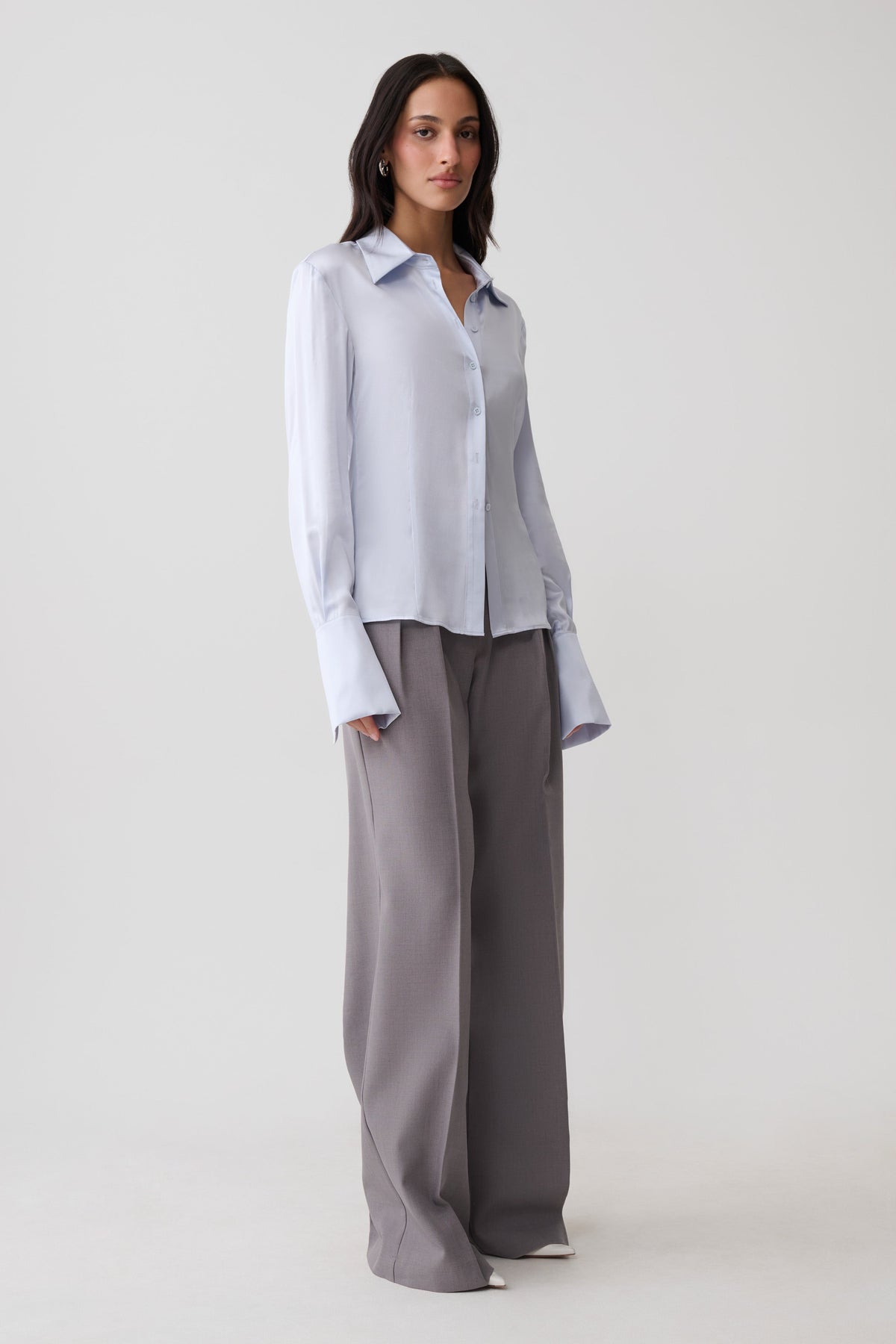 Queenie Silk Blend Long Sleeve Shirt - Ice Blue