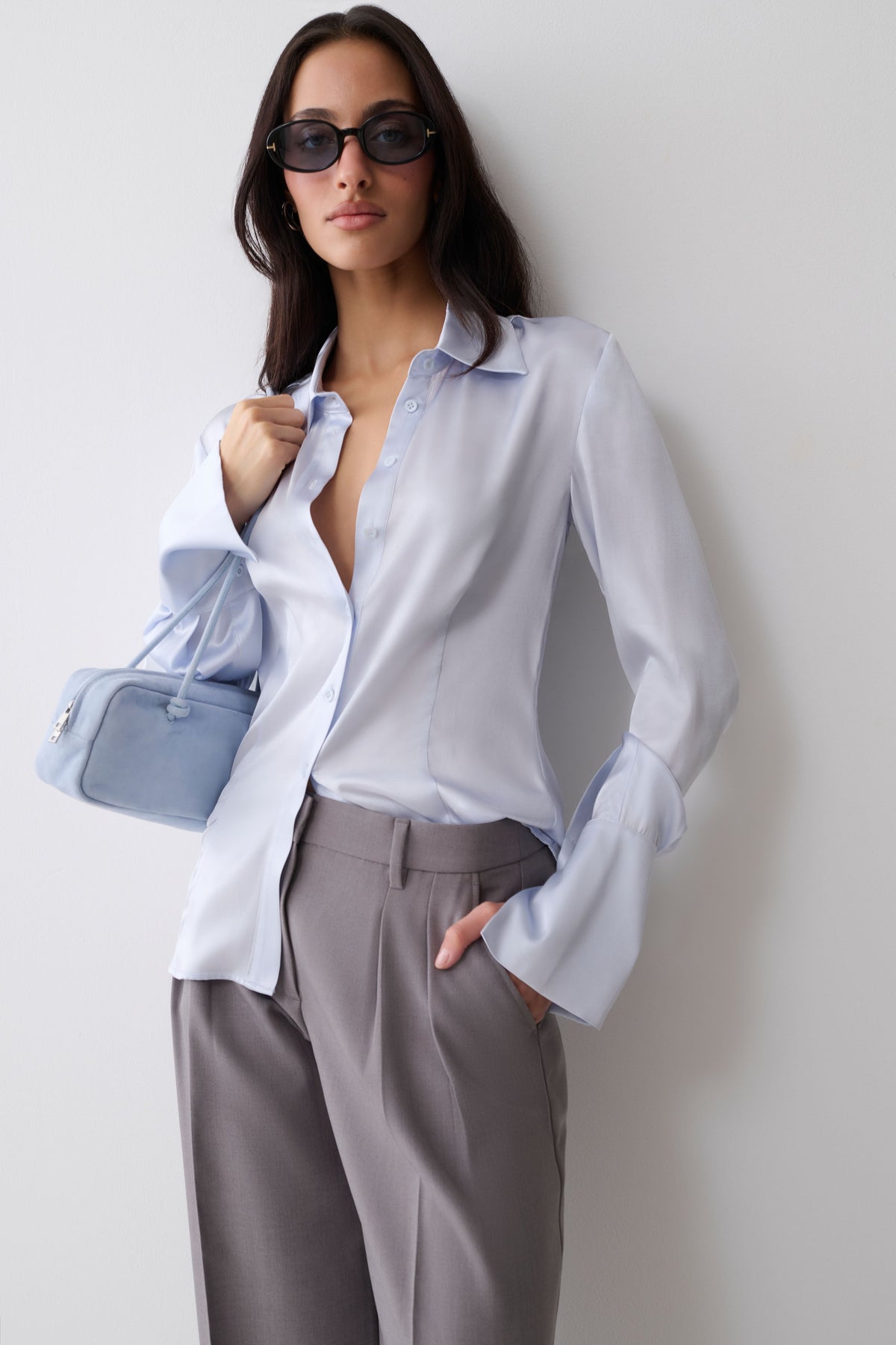 Queenie Silk Blend Long Sleeve Shirt - Ice Blue #3