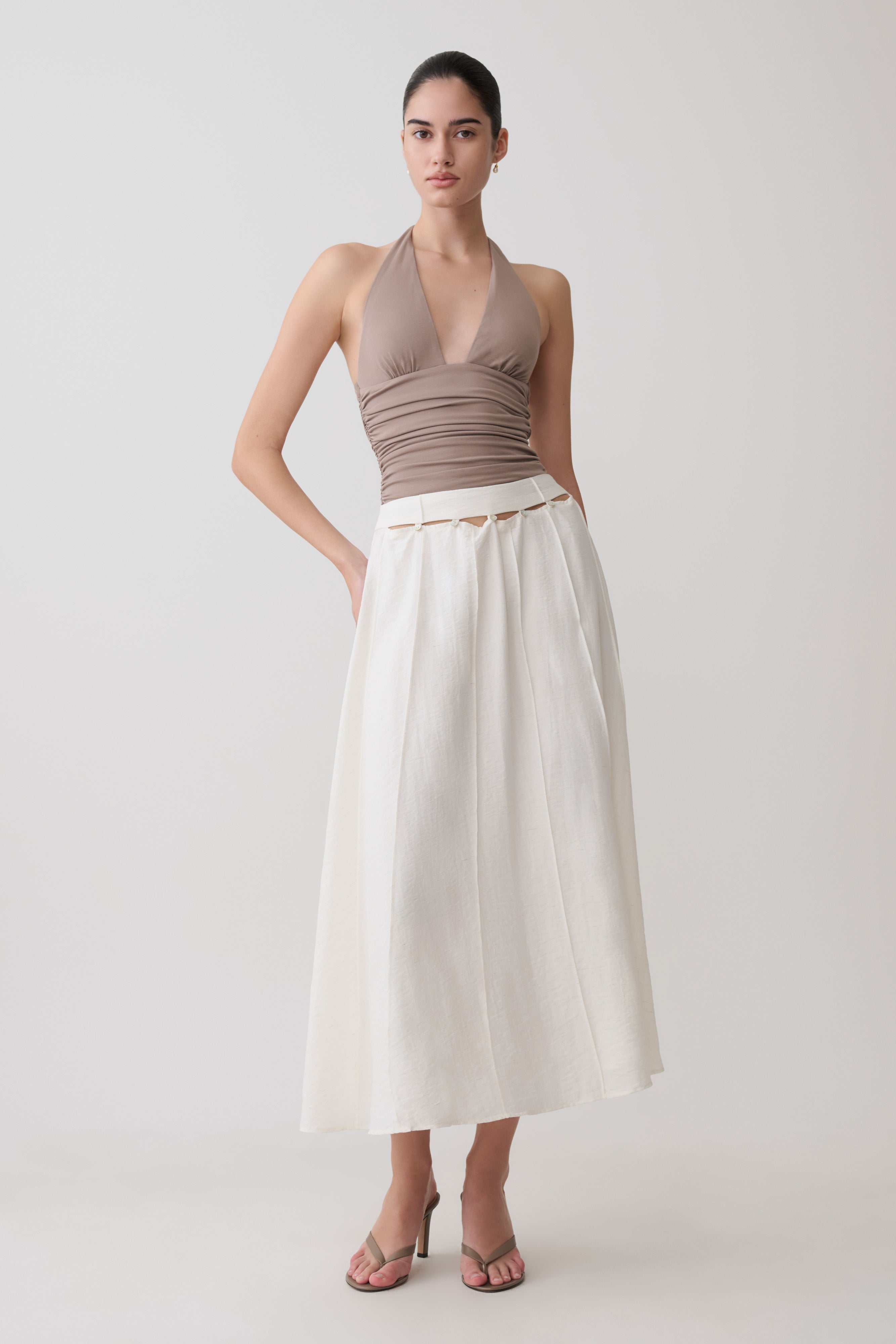 Claire Pearl Button Midi Skirt - White | MESHKI US
