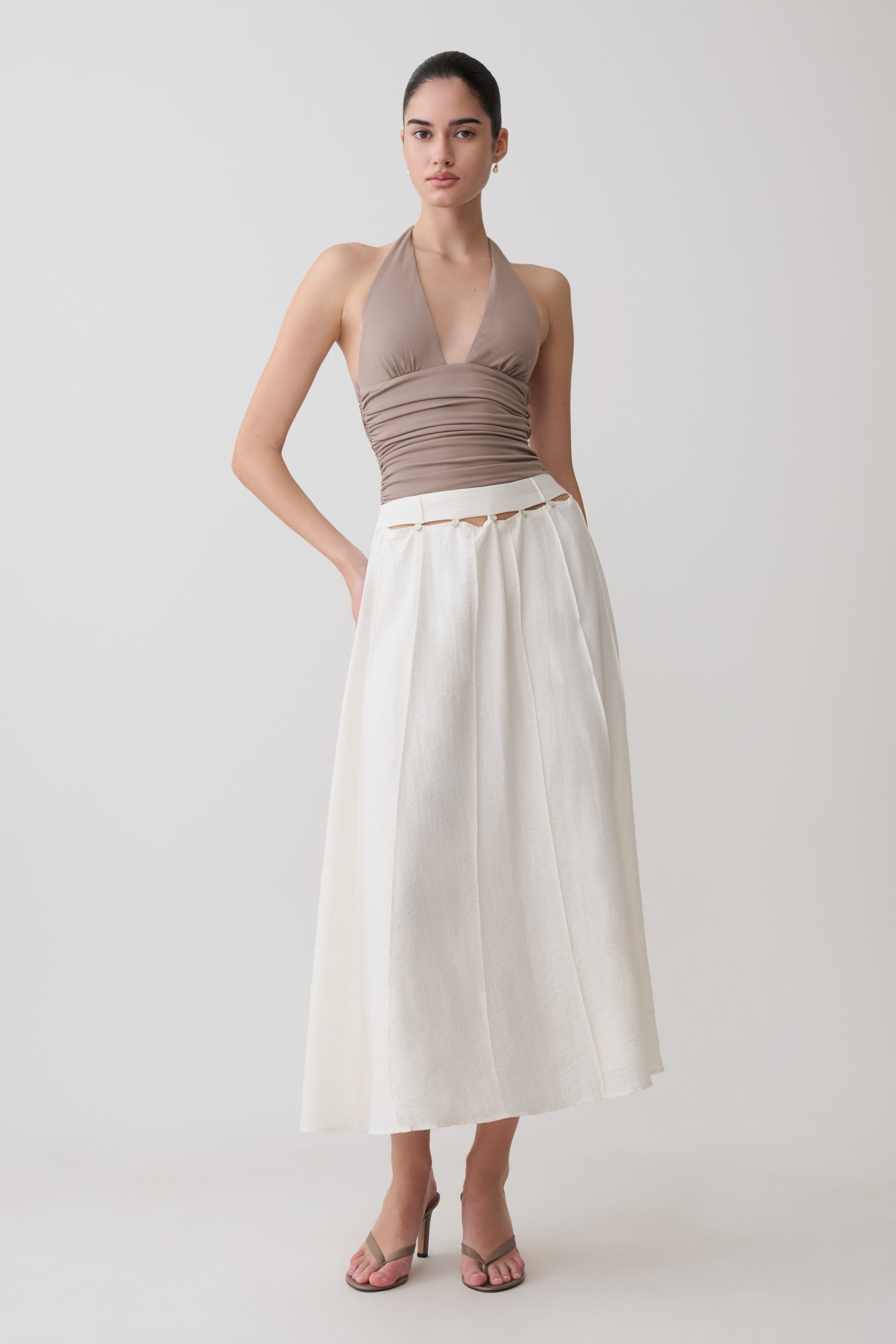 Claire Pearl Button Midi Skirt - White #4