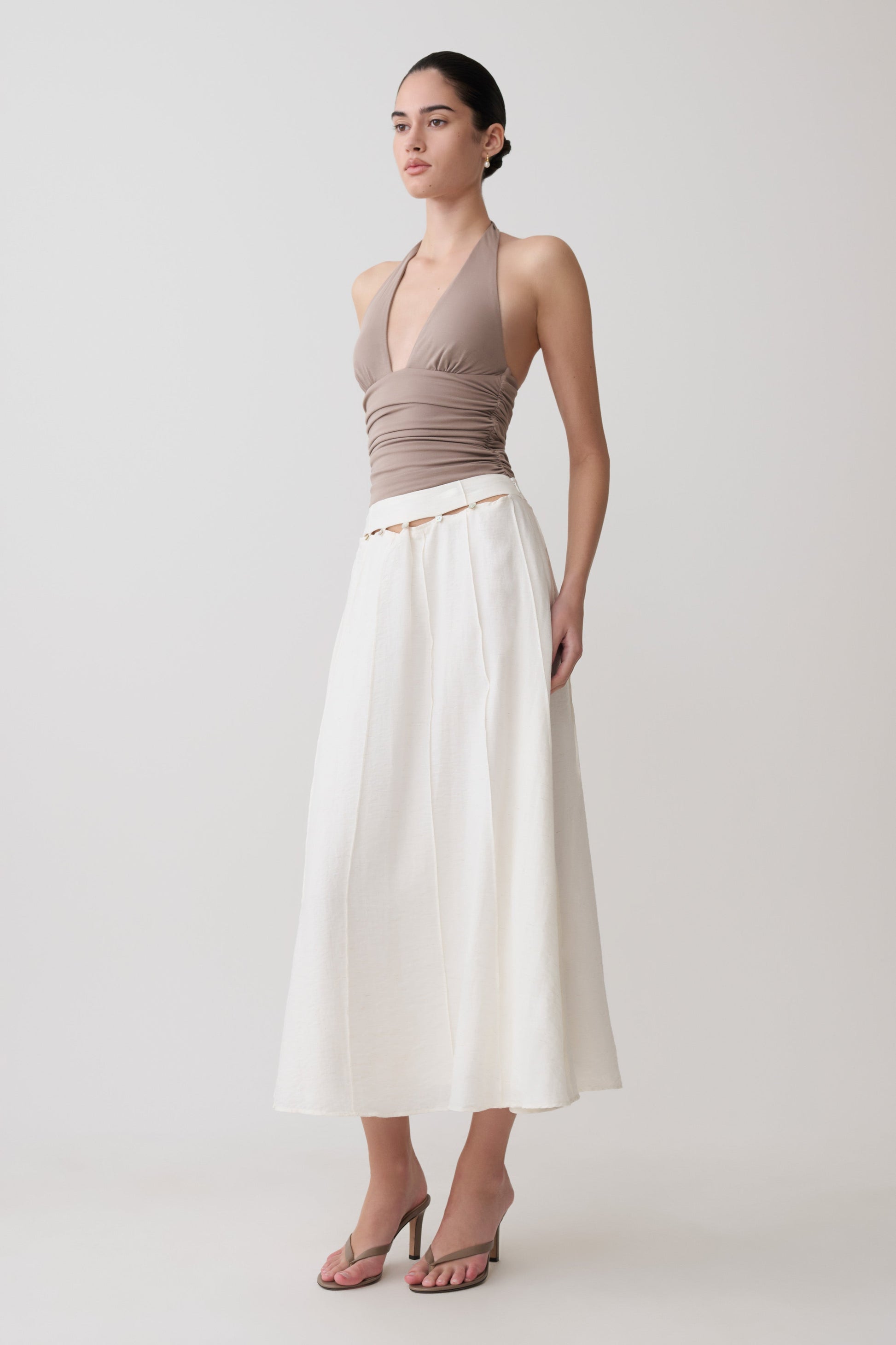 Claire Pearl Button Midi Skirt - White #5