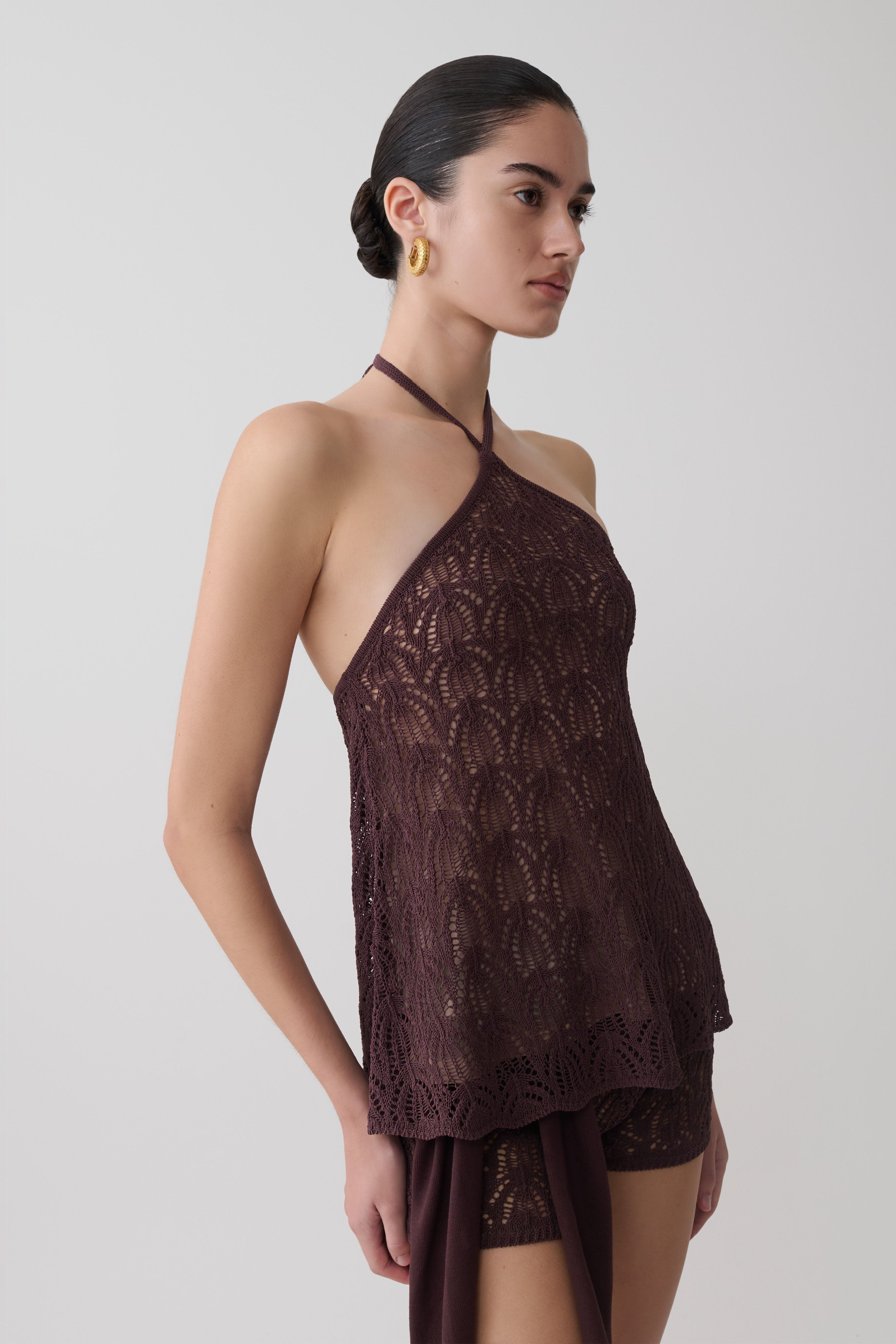 Corey Crochet Halter Neck Top - Chocolate | MESHKI US