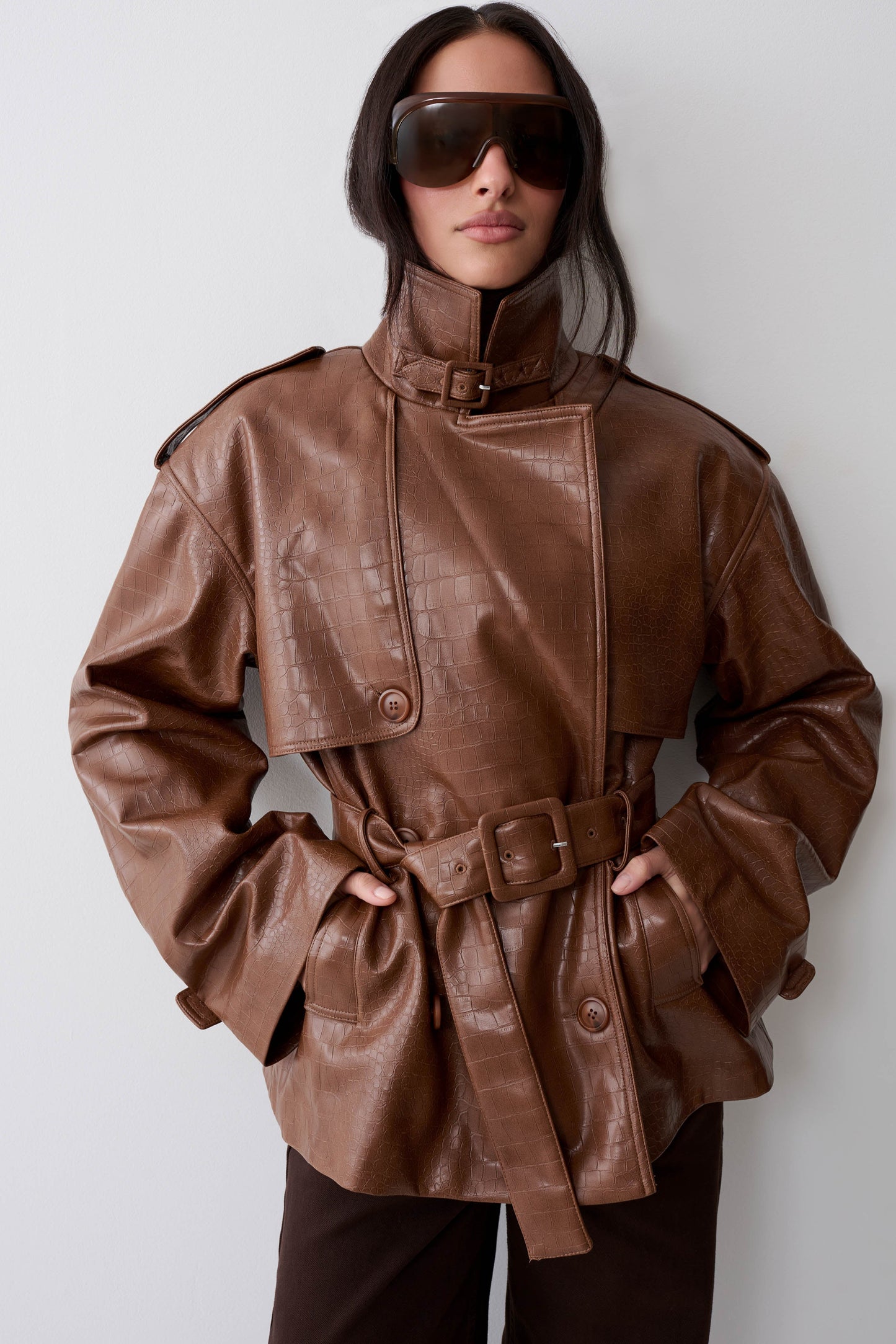 Jamie Funnel Neck Croc Faux Leather Trench - Cognac