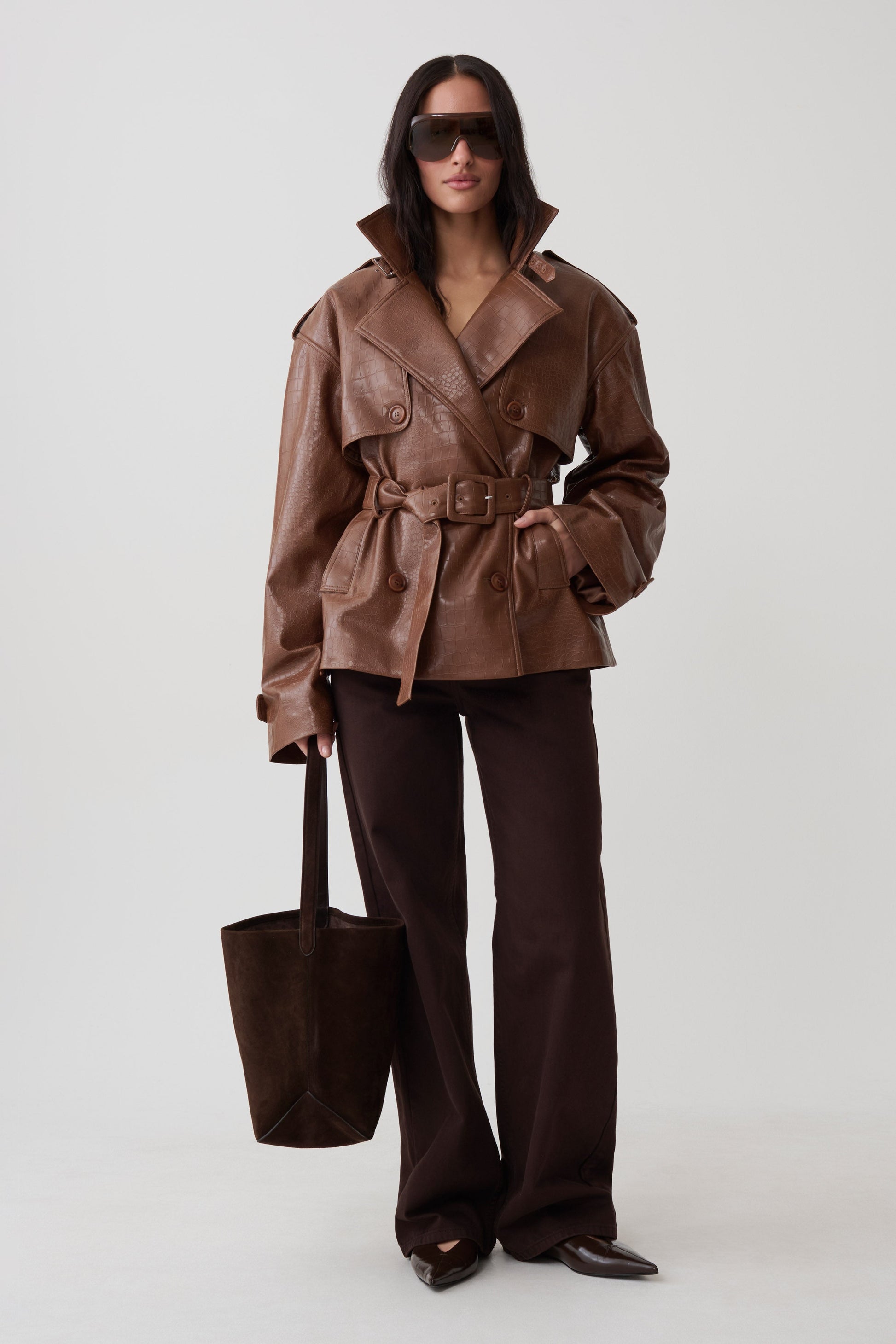 Jamie Funnel Neck Croc Faux Leather Trench - Cognac #7