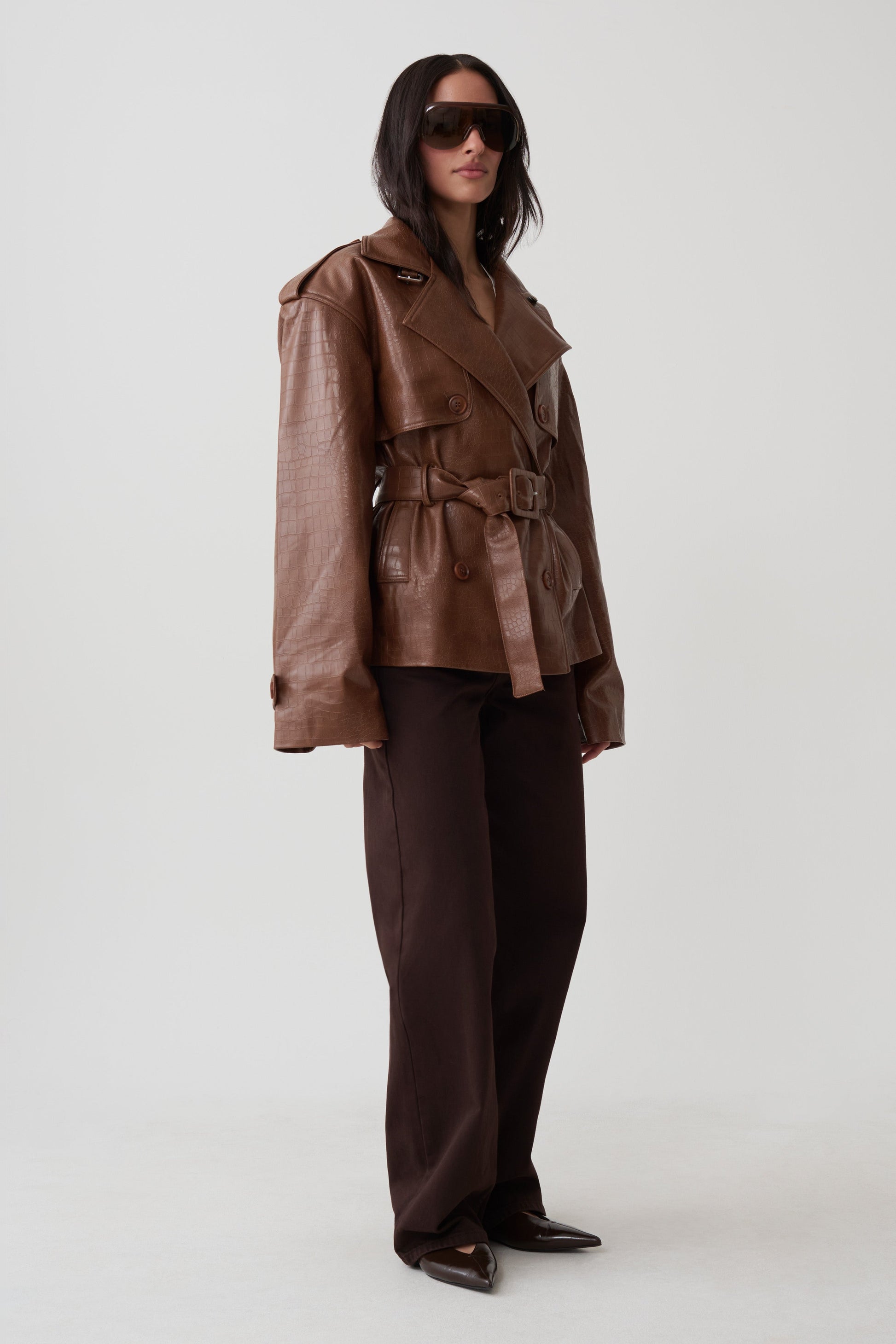 Jamie Funnel Neck Croc Faux Leather Trench - Cognac #5