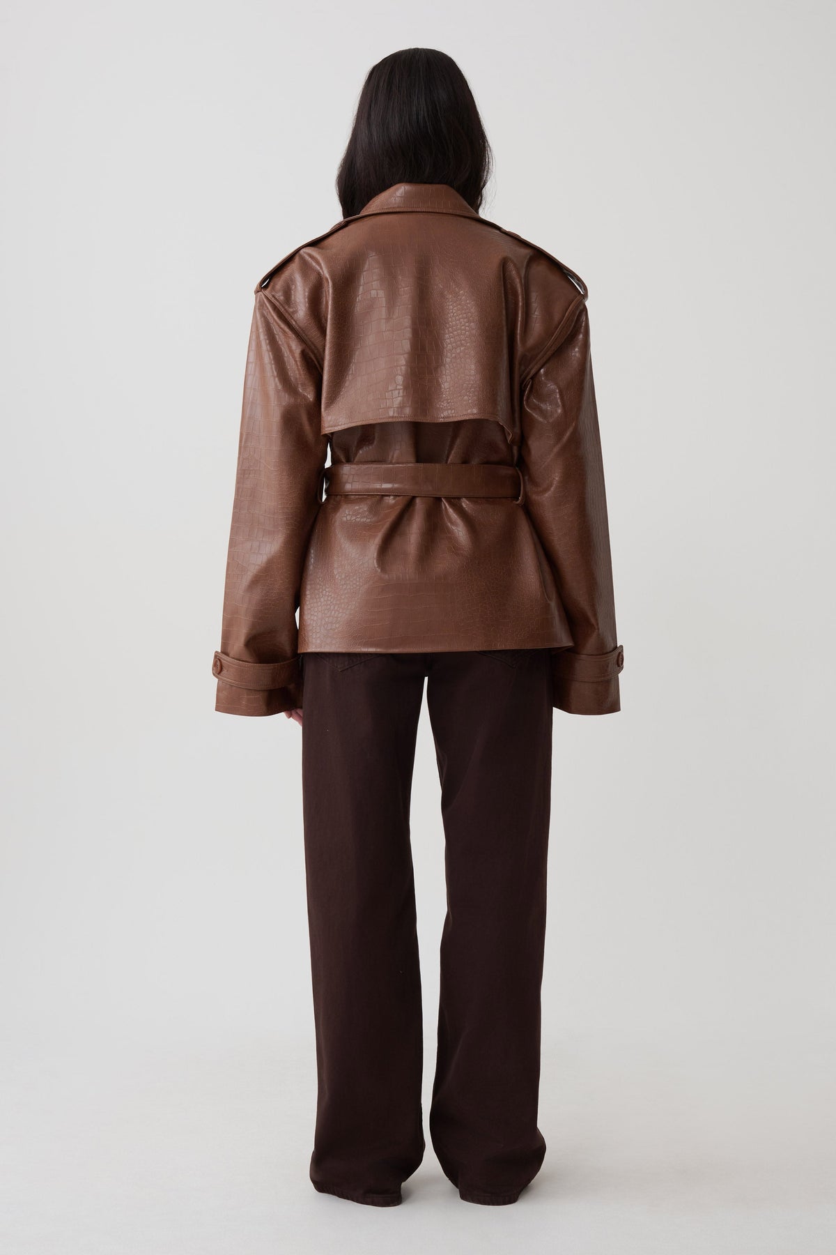 Jamie Funnel Neck Croc Faux Leather Trench - Cognac
