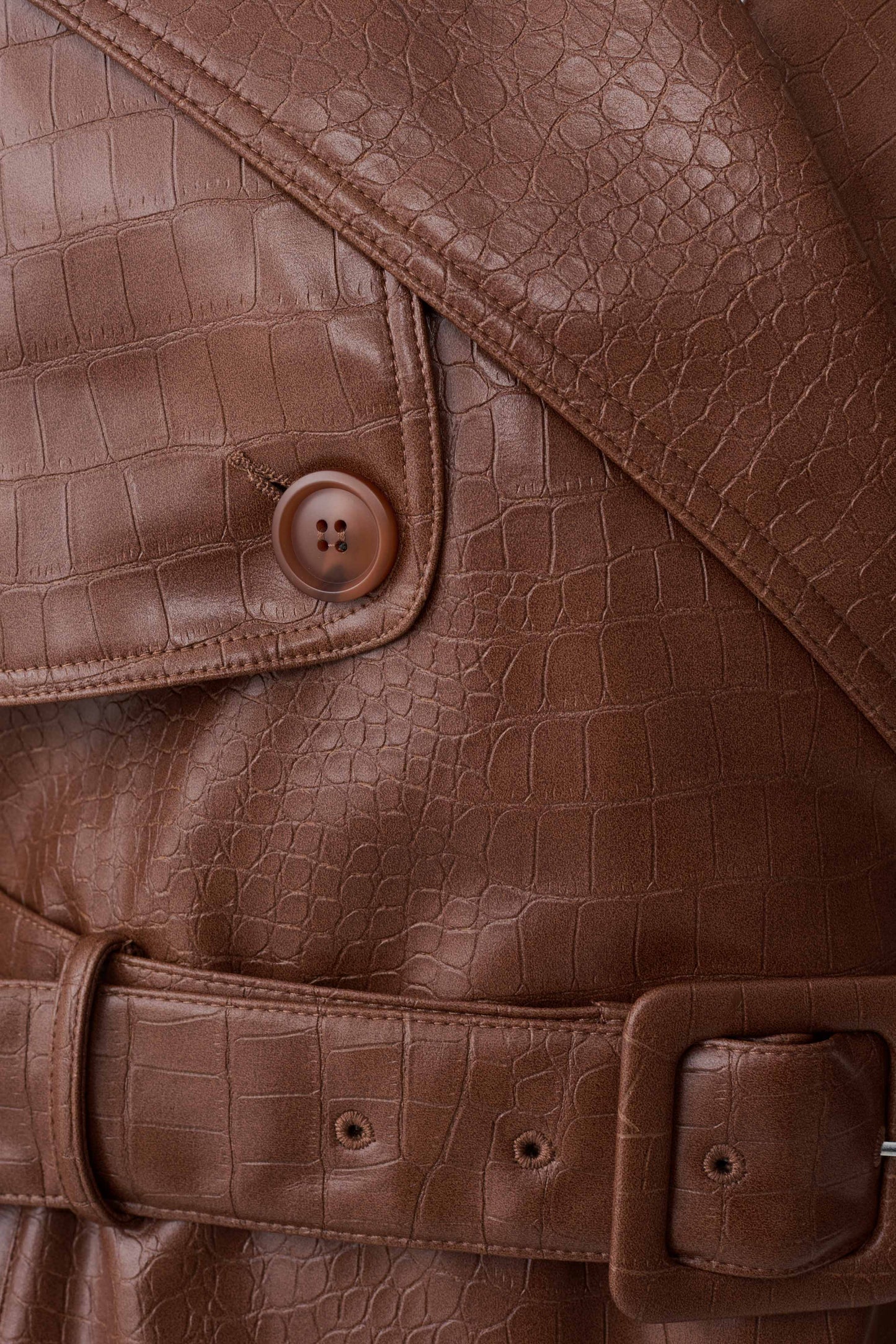 Jamie Funnel Neck Croc Faux Leather Trench - Cognac