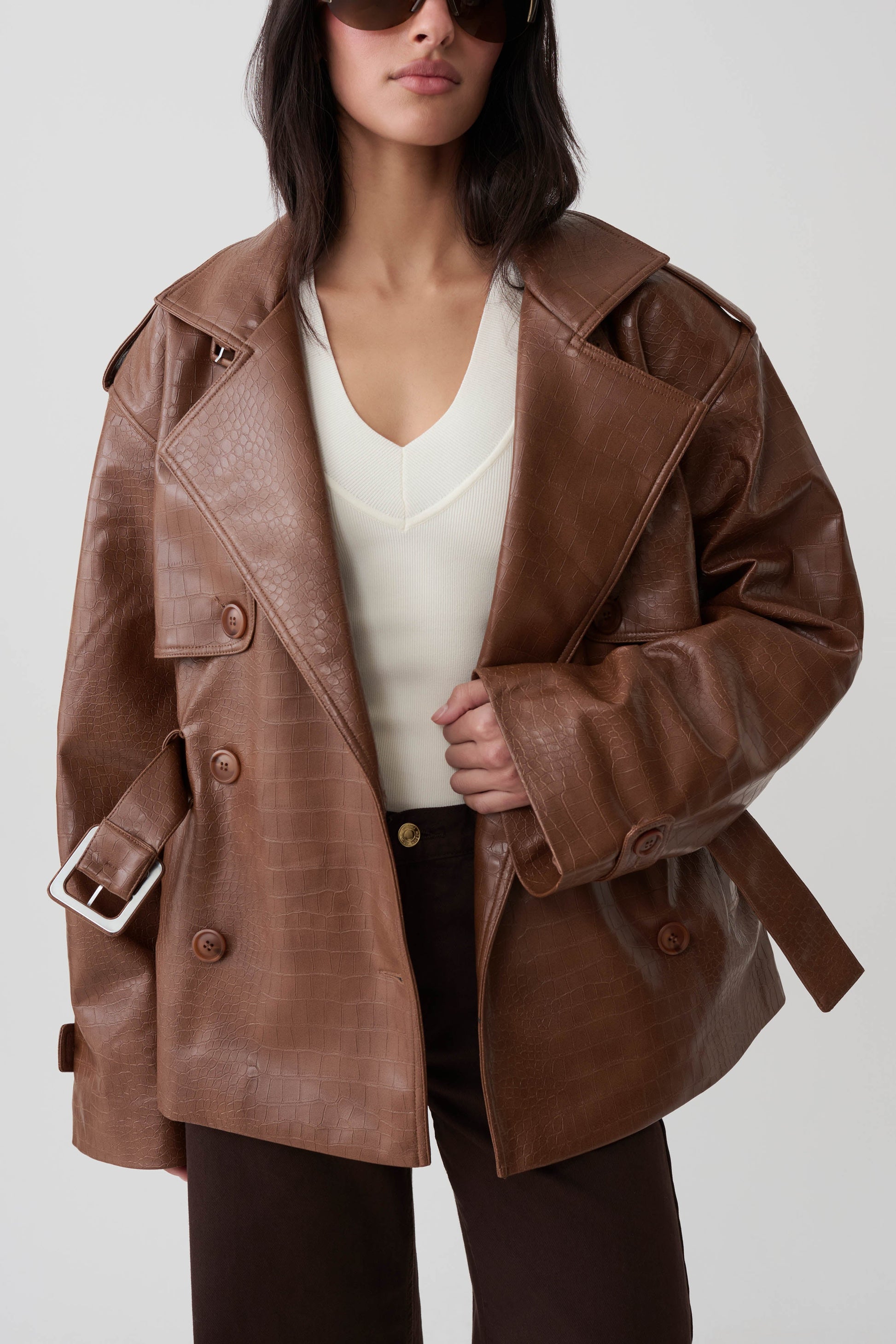 Jamie Funnel Neck Croc Faux Leather Trench - Cognac #3